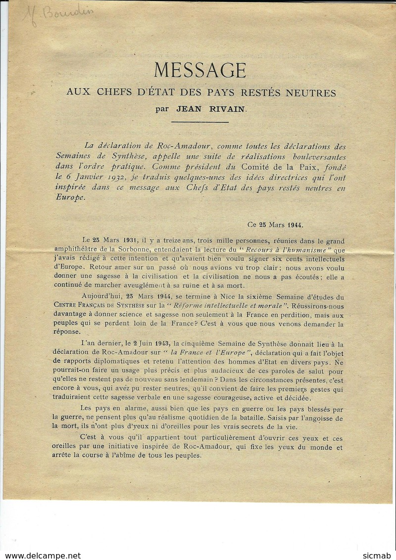 Vichy JEAN RIVAIN " MESSAGE AUX CHEFS D'ETAT DES PAYS RESTES NEUTRES "  25 MARS 1944 - 1939-45