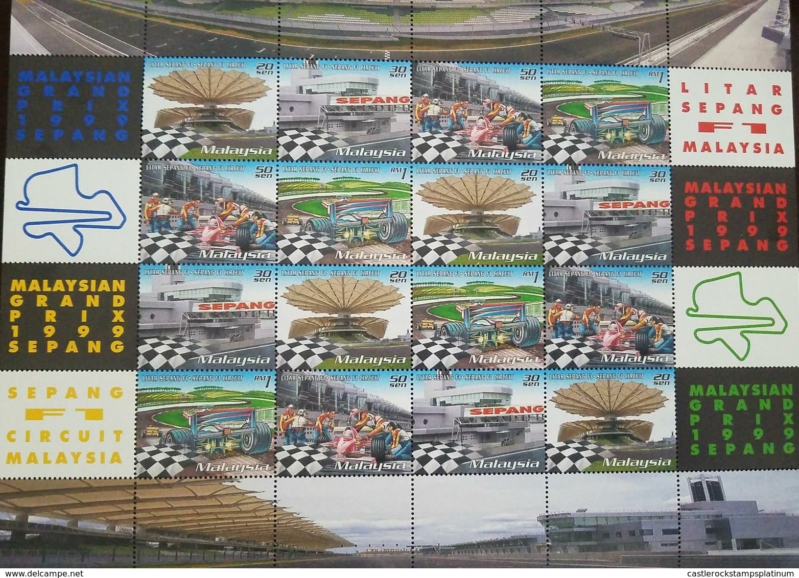 O) 1999 MALAYSIA, GRAND PRIX -RACING HEMETS-CANOPY OVER TRACK'S STANDS-STANDS-CAR ON TRACK-SIDE VIEW OF CAR, SHEET MNH - Malaysia (1964-...)