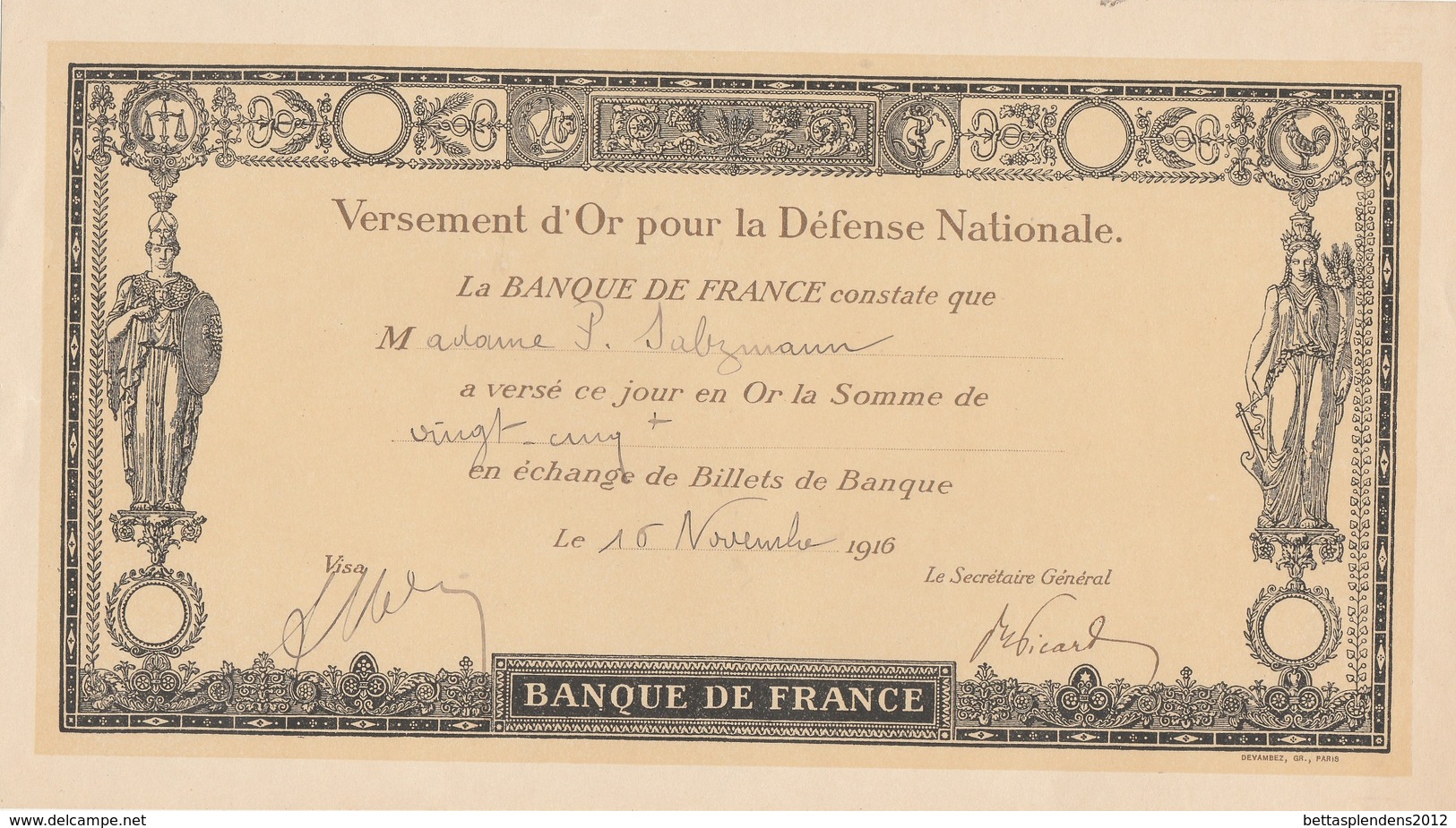Banque De France Versement D'Or Pour La Défense Ntionale - 16 Novembre 1916 - 1914-18