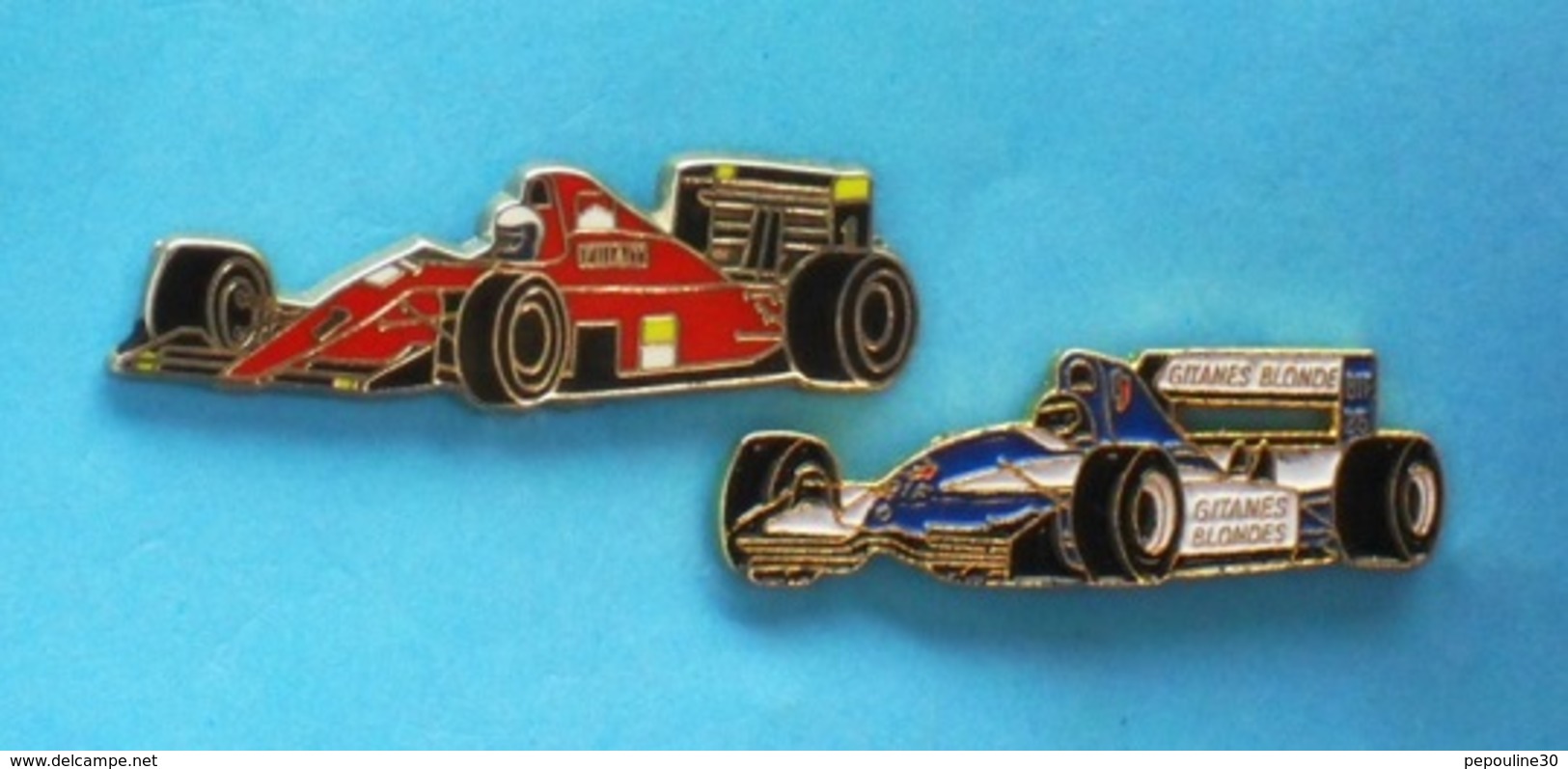 2 PIN'S //   ** F1 FERRARI F1-90  MARLBORO ** . (Locomobile) ** F1 LIGIER JS37  RENAULT  GITANES BLONDES ** . (Winner) - F1