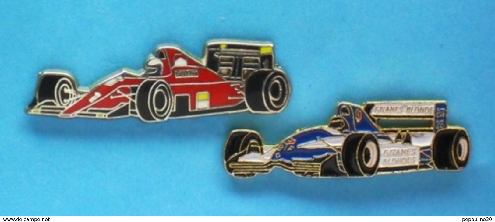 2 PIN'S //   ** F1 FERRARI F1-90  MARLBORO ** . (Locomobile) ** F1 LIGIER JS37  RENAULT  GITANES BLONDES ** . (Winner) - F1