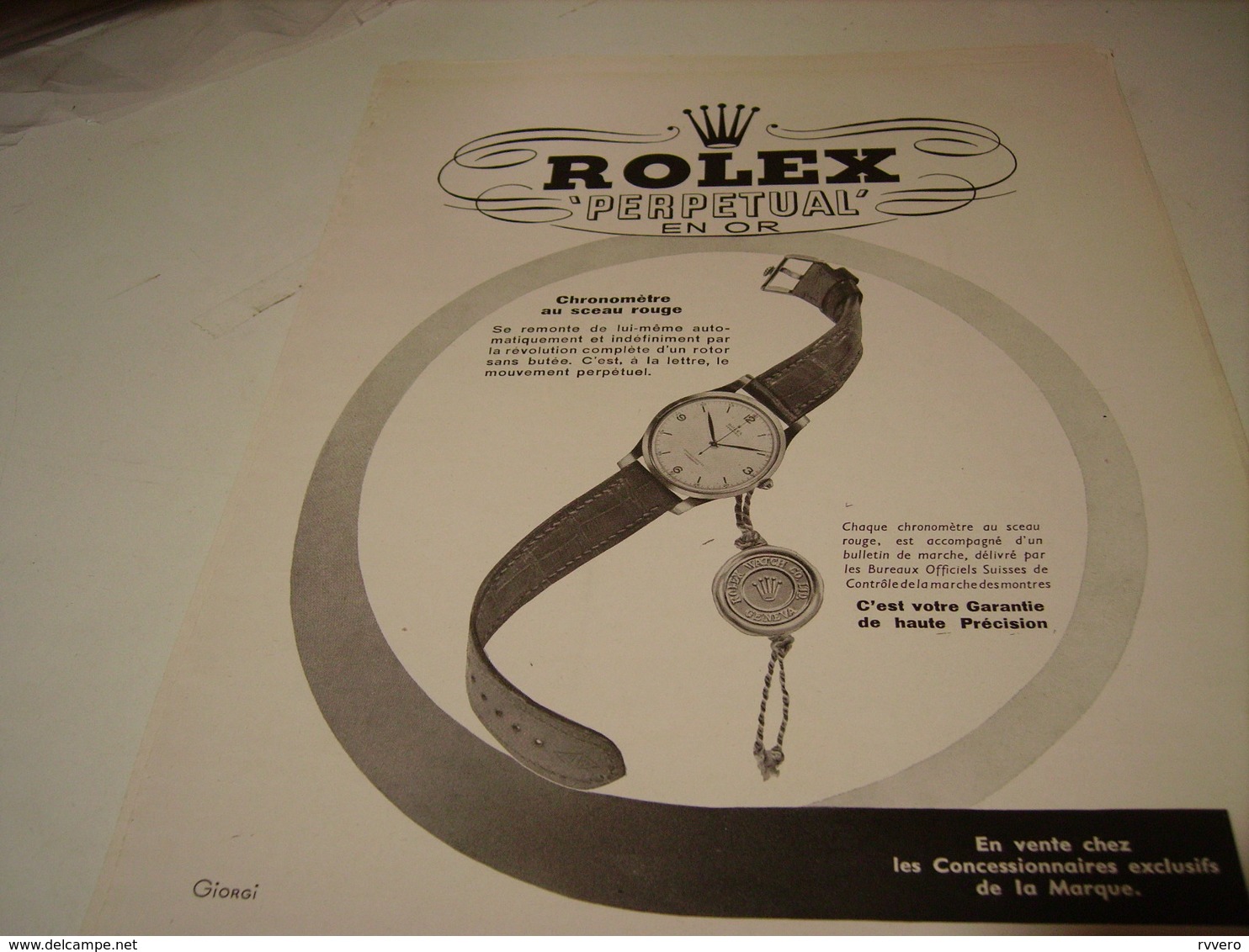 PUBLICITE  MONTRE PERPETUAL EN OR DE ROLEX 1950 - Autres & Non Classés