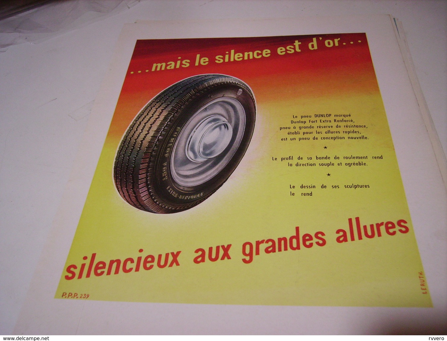 ANCIENNE PUBLICITE SILENCE EST D OR PNEU DUNLOP 1950 - Autres & Non Classés