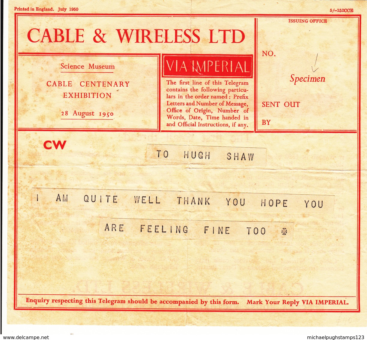 G.B. / Cable + Wireless / Science Museum 1950 Exhibition / Specimen Telegrams - Unclassified