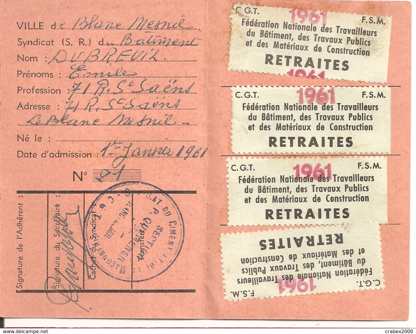 CARTE CGT  1961 - Syndicats