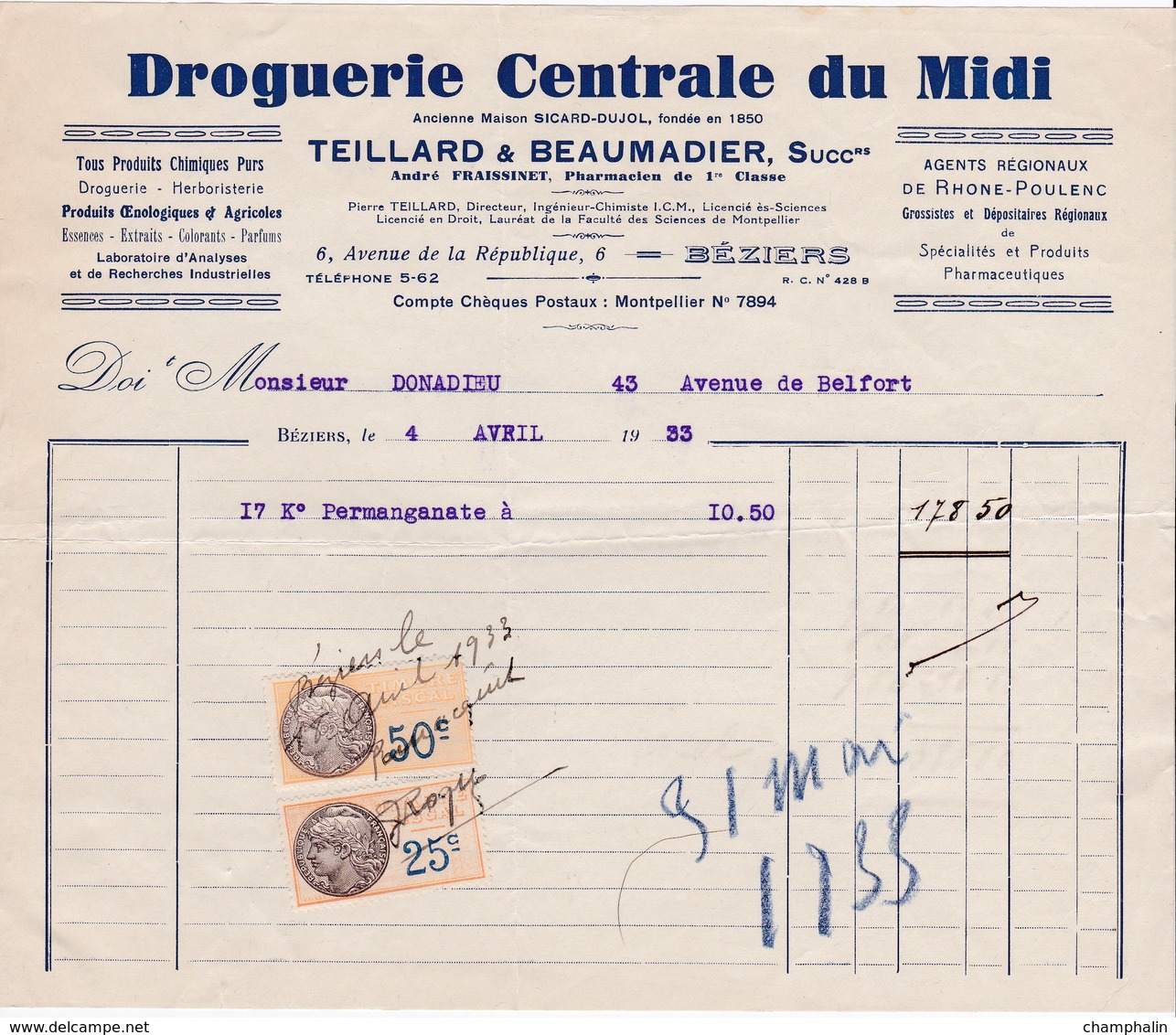 Facture De Béziers (34) - 4 Avril 1933 - Droguerie Centrale Du Midi - Ets Teillard & Beaumadier - Timbre Fiscal TF 9-15 - Droguerie & Parfumerie