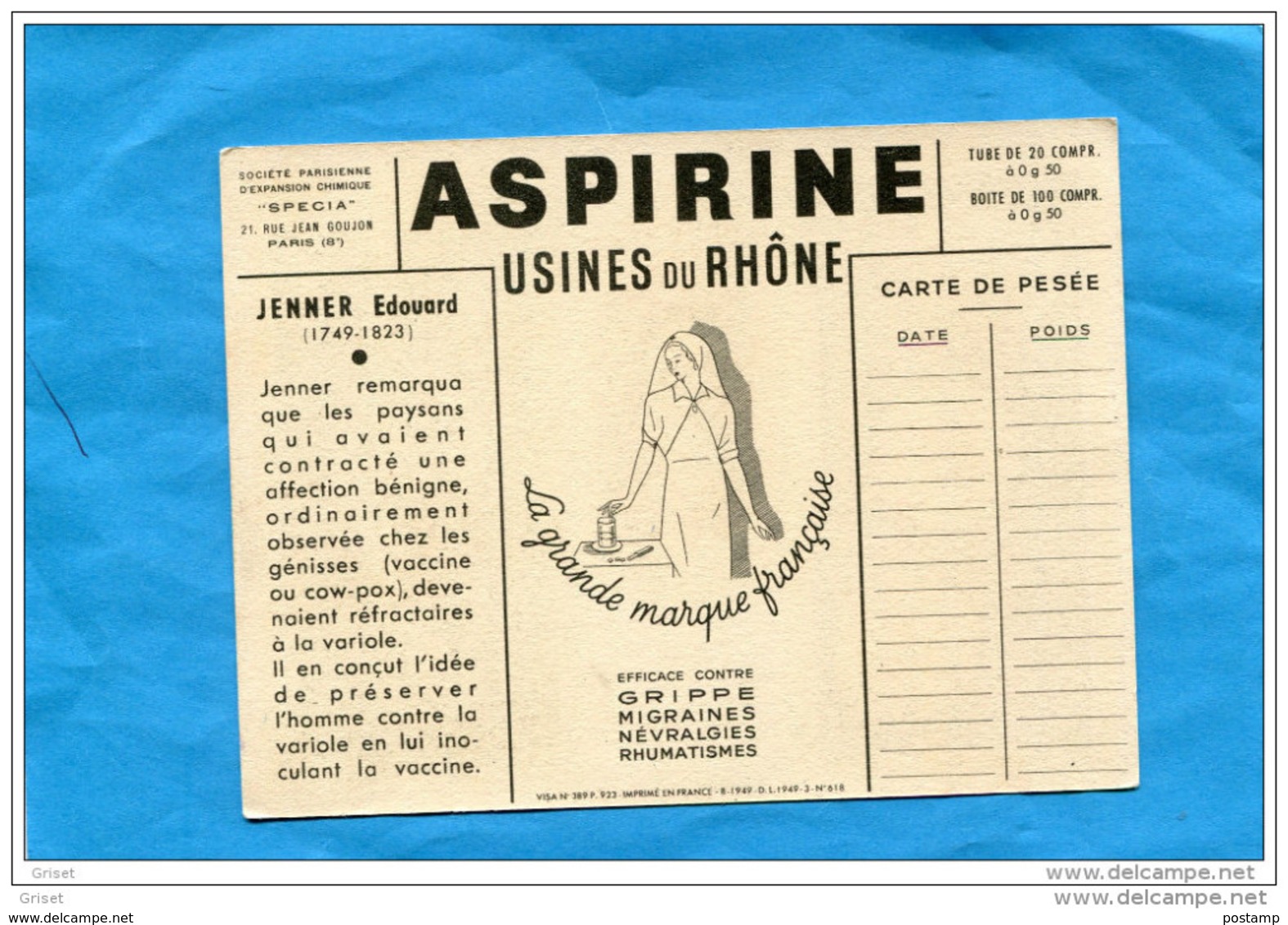 Edouard JENNER-VACCIN ANTIVARIOLIQUE-publicité Aspirine Du Rhone-carte De Pesée Pour Enfant -années 20-30 - Salud