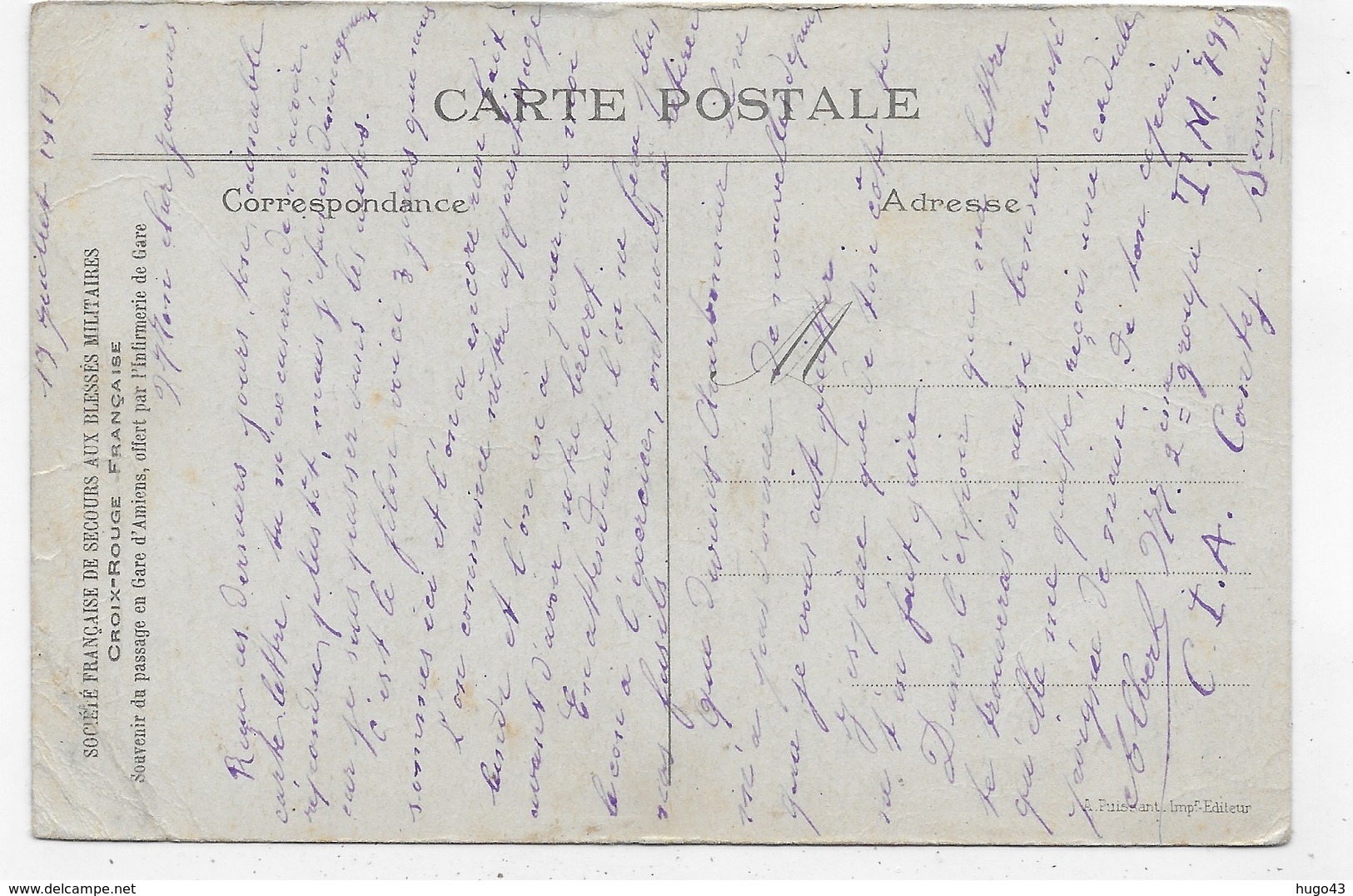 (RECTO / VERSO) AMIENS EN 1919 - LA CATHEDRALE - SECOURS AUX BLESSES MILITAIRES - CROIX ROUGE - PLIS ANGLES - CPA - Amiens