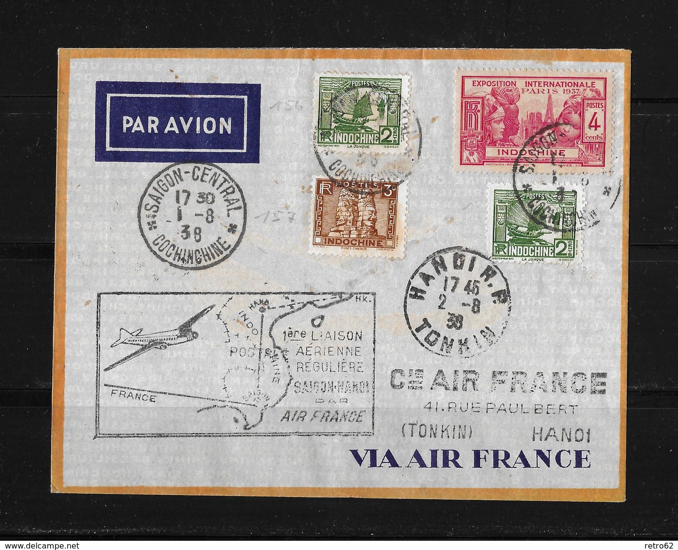Frankreich Indochina → Luftpost Brief Saigon To Hanoi 1938    ►very Rare◄ - Luchtpost