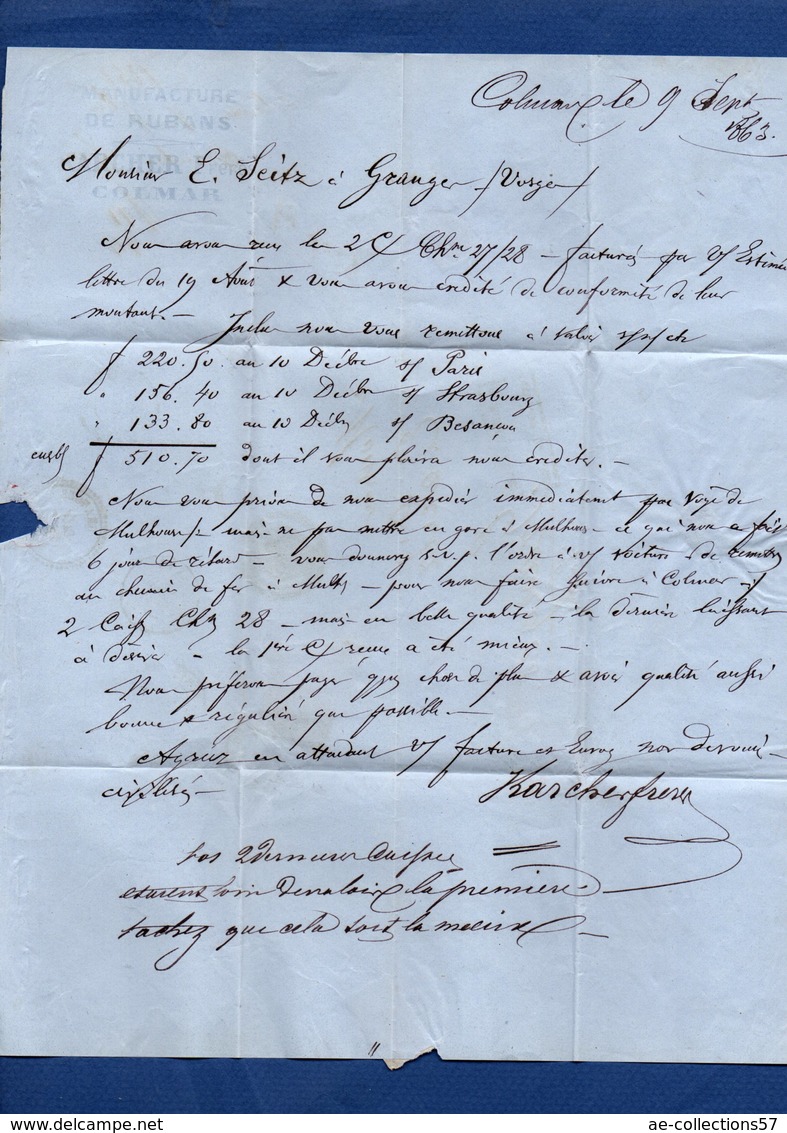 Lettre  / De Colmar /  Pour Granges   / 10 Septembre 1863 / Karcher Frères - 1849-1876: Klassieke Periode