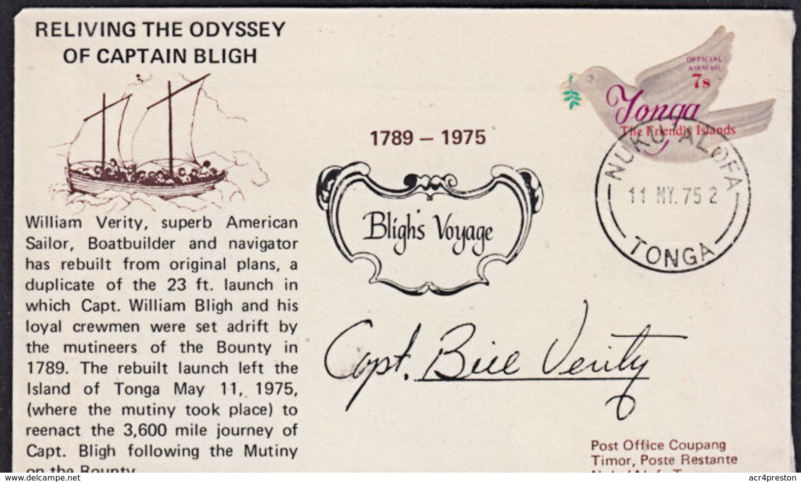 Ca5108 TONGA 1975, SG O112 Bird Stamp On Signed Cover Commemorating Capt. Bligh's Journey - Tonga (1970-...)