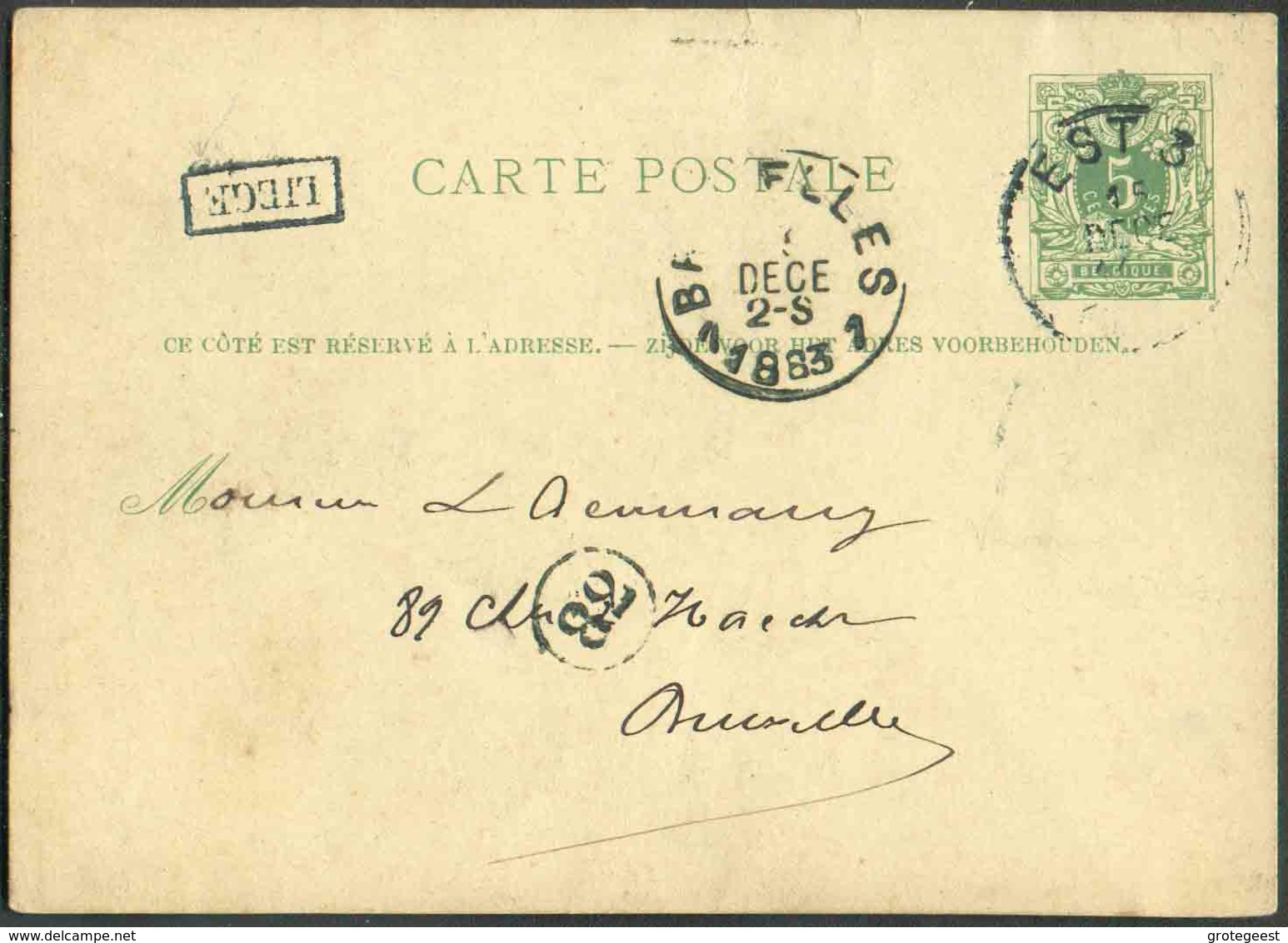 E.P. Carte 5 Centimes Vert, Obl. Sc Ambulant EST 3 Du 15 Déc. 1883 + Griffe LIEGE Vers Bruxelles. - 13427 - Ambulants