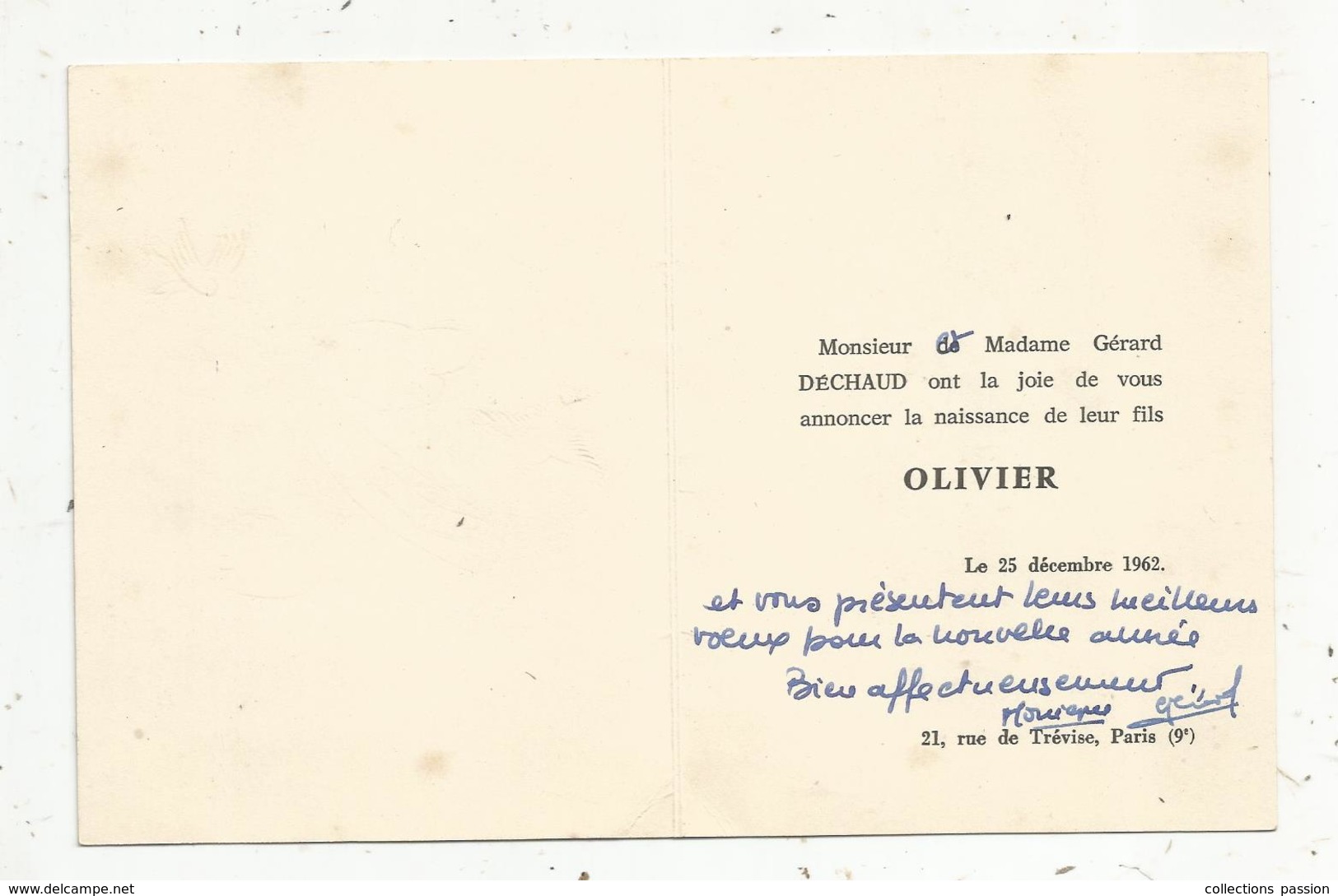 Faire Part De Naissance , Olivier ,1969 , Paris 9 éme, 2 Scans - Nacimiento & Bautizo