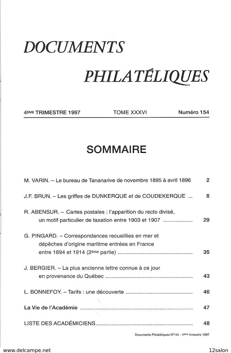 ACADEMIE DE PHILATELIE DOCUMENTS PHILATELIQUES N° 154 + Sommaire - Sonstige & Ohne Zuordnung