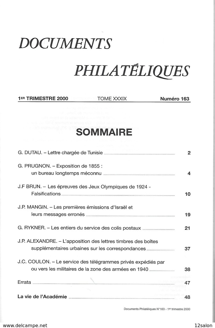 ACADEMIE DE PHILATELIE DOCUMENTS PHILATELIQUES N° 163 + Sommaire - Otros & Sin Clasificación