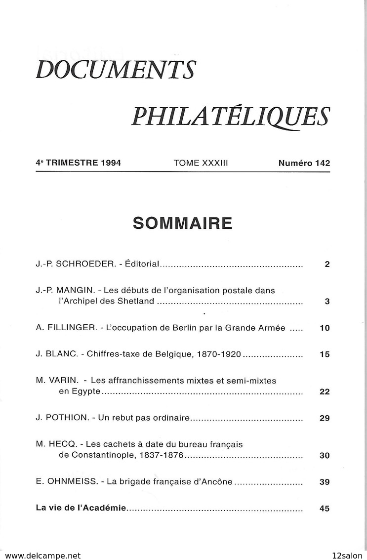 ACADEMIE DE PHILATELIE DOCUMENTS PHILATELIQUES N° 142 + Sommaire - Altri & Non Classificati