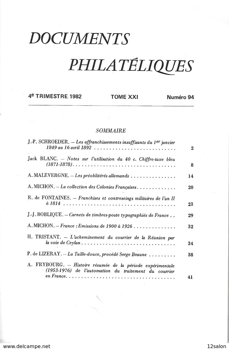 ACADEMIE DE PHILATELIE DOCUMENTS PHILATELIQUES N° 94 + Sommaire - Otros & Sin Clasificación