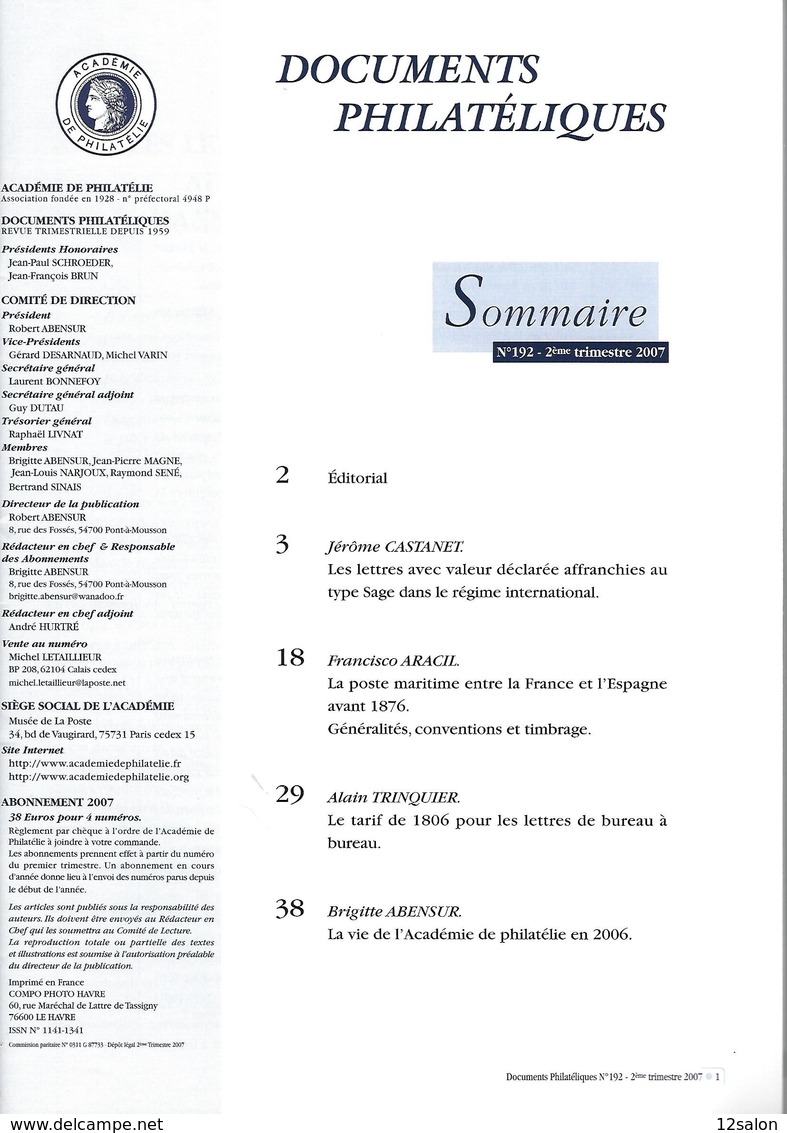 ACADEMIE DE PHILATELIE DOCUMENTS PHILATELIQUES  N° 192 + Sommaire - Sonstige & Ohne Zuordnung