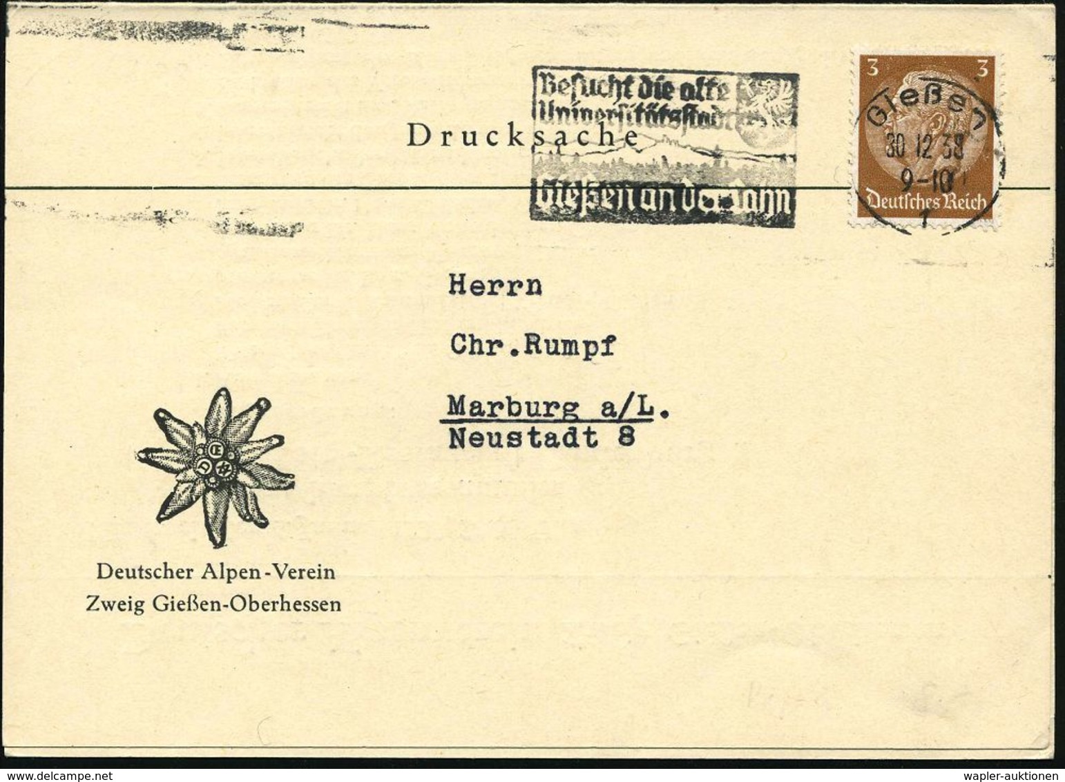 GIESSEN 1/ A/ Besucht D.alte/ Universitätsstadt 1939 (2.4.) MWSt Auf Dekorativer Klapp-Karte: Deutscher Alpen-Verein.. ( - Non Classificati