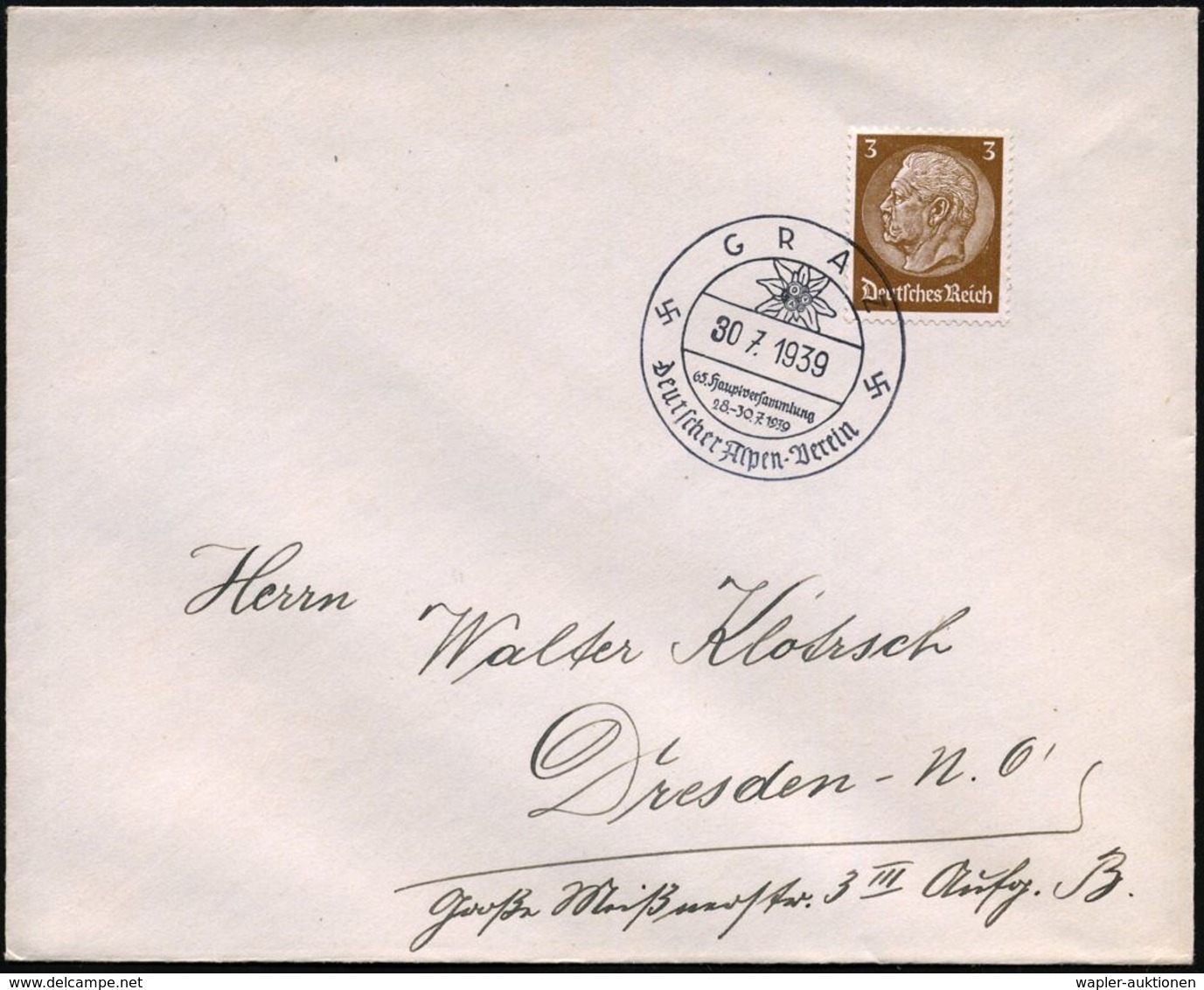 GRAZ/ 65.Hauptversammlung/ Deutscher Alpen-Verein 1939 (30.7.) Seltener, Violetter Sonderstempel Vom Finaltag = Edelweiß - Unclassified