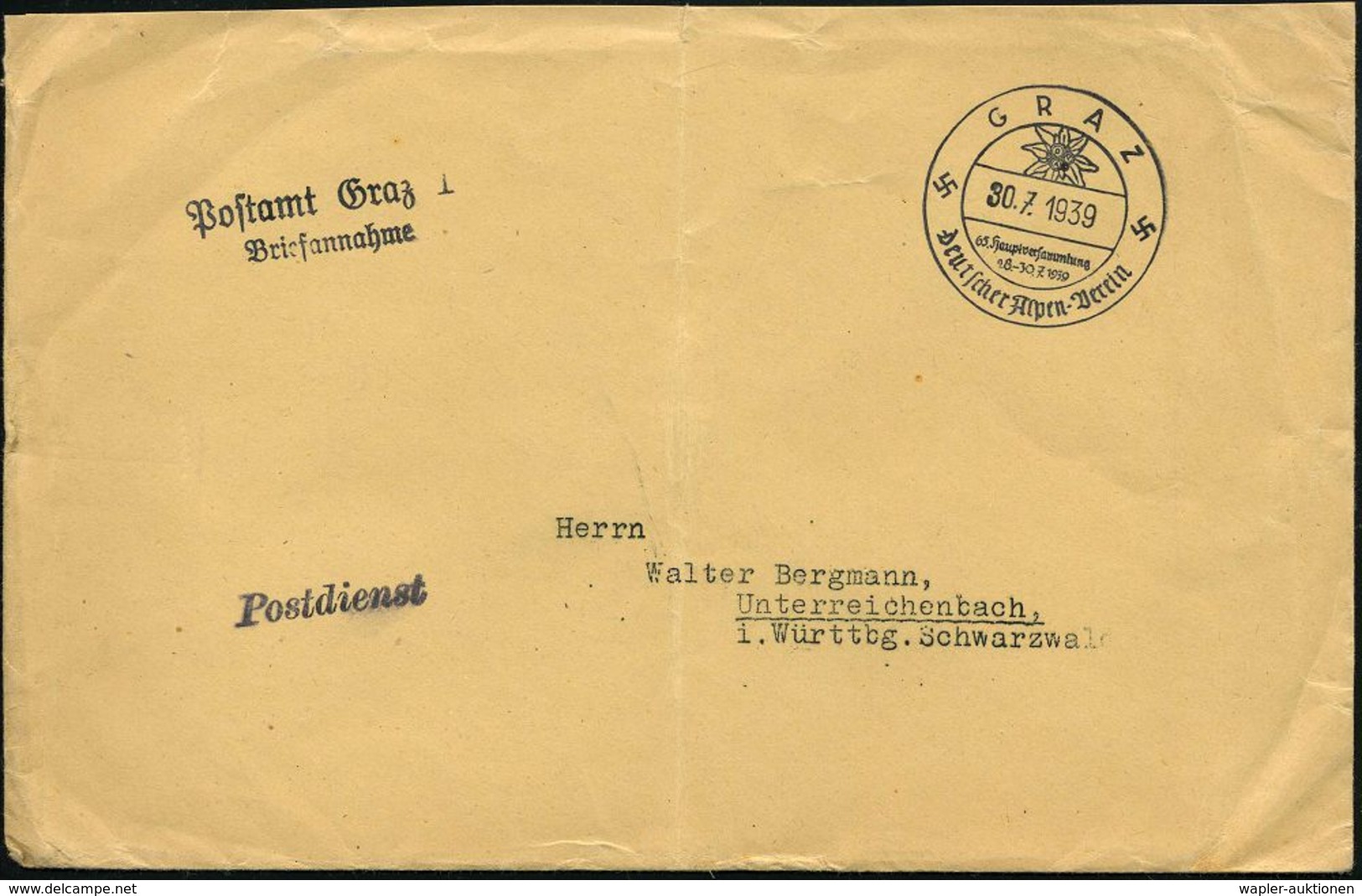 GRAZ/ 65.Hauptversammlung/ Deutscher Alpen-Verein 1939 (30.7.) Violetter Sonderstempel = Edelweiß + 2L: Postamt Graz 1/  - Zonder Classificatie