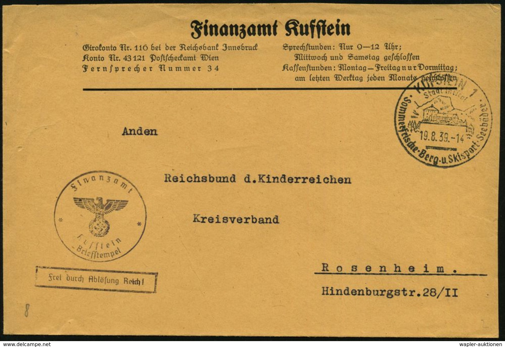 KUFSTEIN 1/ ..Berg-u.Skisport Seebäder 1939 (19.8.) HWSt = Festung Geoldseck (mit Berühmter Helden-Orgel) + Viol. HdN: F - Non Classificati