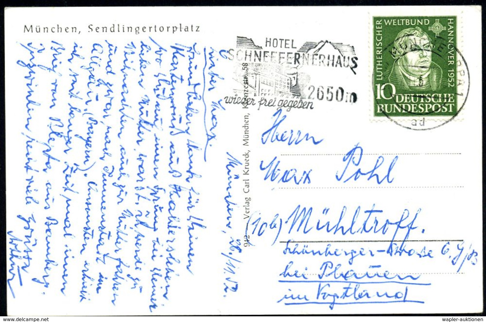 (13 B) MÜNCHEN BPA 1/ Ad/ HOTEL/ SCHNEEFERNERHAUS/ 2650m/ Wieder Frei Gegeben 1952 (27.11.) Seltener MWSt. = Hotel Schne - Sin Clasificación