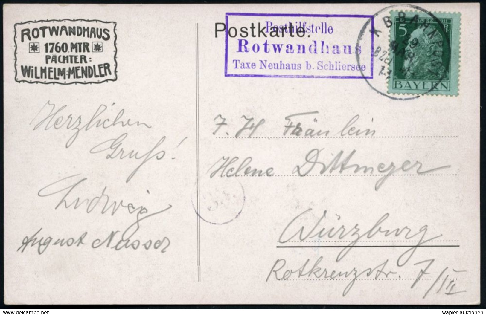 Rotwandhaus/ Posthilfsstelle/ Taxe Neuhaus B.Schliersee 1914 (29.3.) Seltener, Viol. Ra.3 = PSt. II  Hauspostamt Schutzh - Non Classés