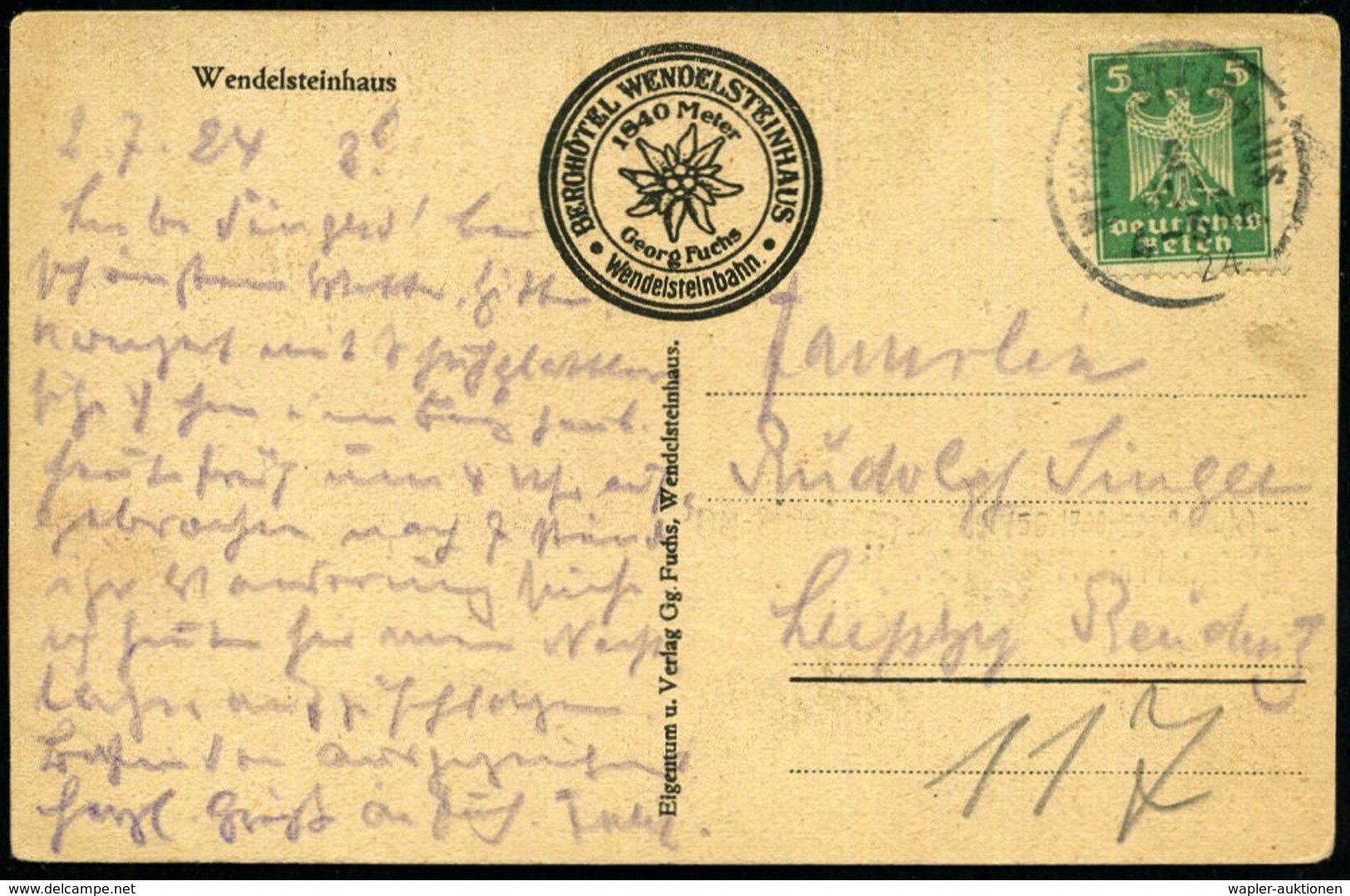 WENDELSTEINHAUS 1924 (2.8.) 1K = Hauspostamt Berghotel Wendelsteinhaus Auf Monochromer Bedarfs-Foto-Ak.: Berghotel Wende - Zonder Classificatie