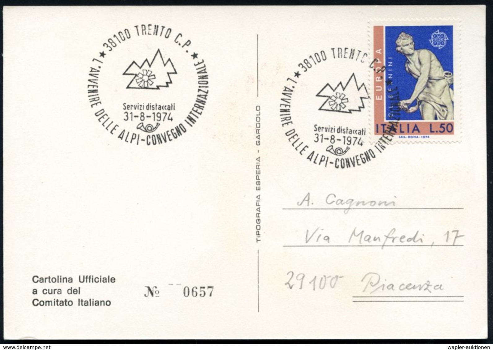 ITALIEN 1974 (31.8.) SSt.: 38100 TRENTO C.P./L'AVVENIRE DELLE ALPI-CONVEGNO INTERN. (stilis. Alpen, Blüte, Flaggen Der A - Non Classificati