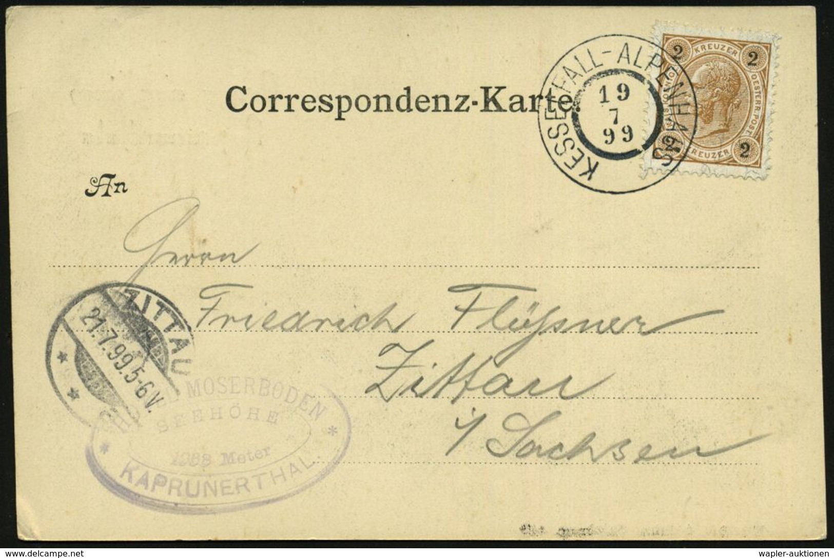 ÖSTERREICH 1899 (19.7.) Seltener 2K: KESSELFALL-ALPENHAUS = Hauspostamt Schutzhütte + Viol. HdN: HOTEL MOSERBODEN.. KAPR - Unclassified