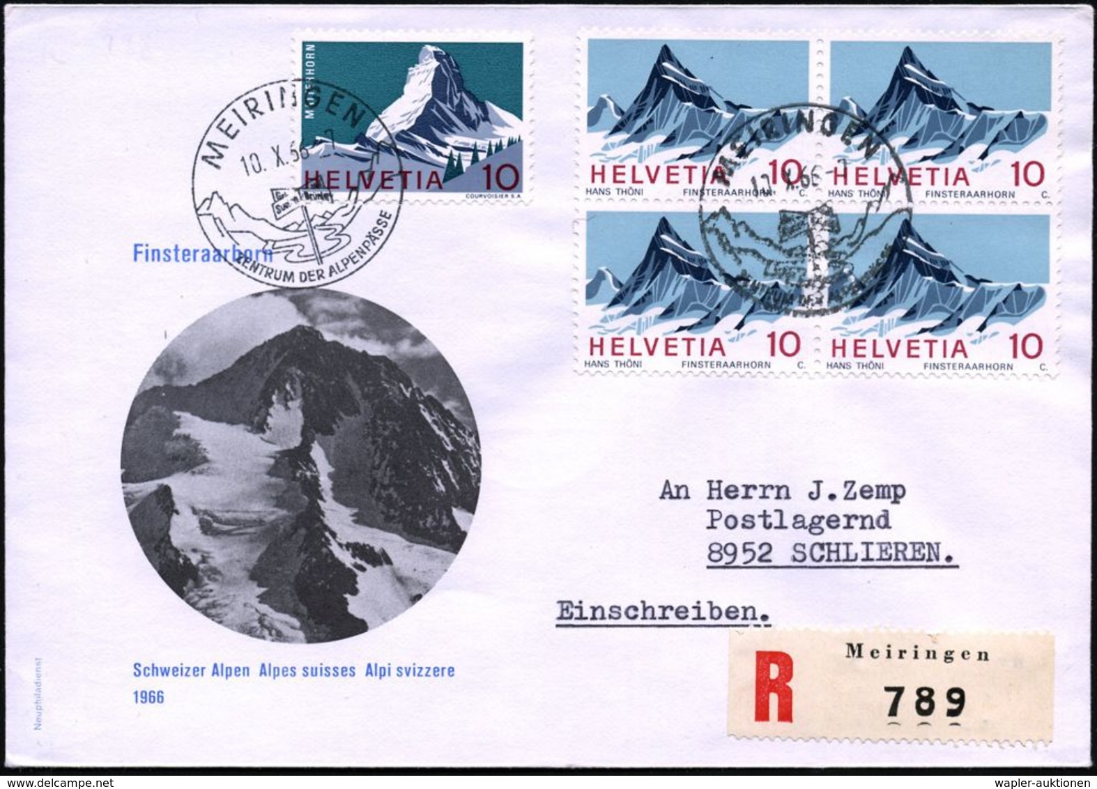 SCHWEIZ 1966 (10.10.) HWSt: MEIRINGEN/ZENTRUM DER ALPENSTRASSE = Paßstraße (mit Wegweisern) MiF 10 C. Finsteraarhorn 4er - Non Classés