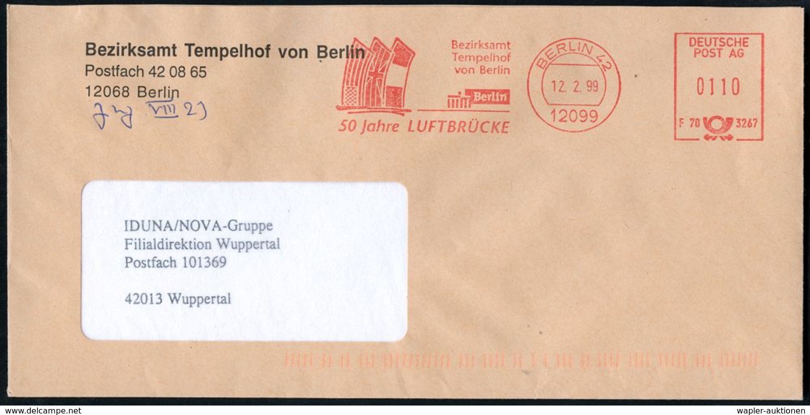 12099 BERLIN 42/ F70 3267/ Bezirksamt/ Tempelhof/ ..50 Jahre LUFTBRÜCKE 1999 (12.2.) AFS "DEUTSCHE POST AG" = Flaggen De - Sonstige & Ohne Zuordnung