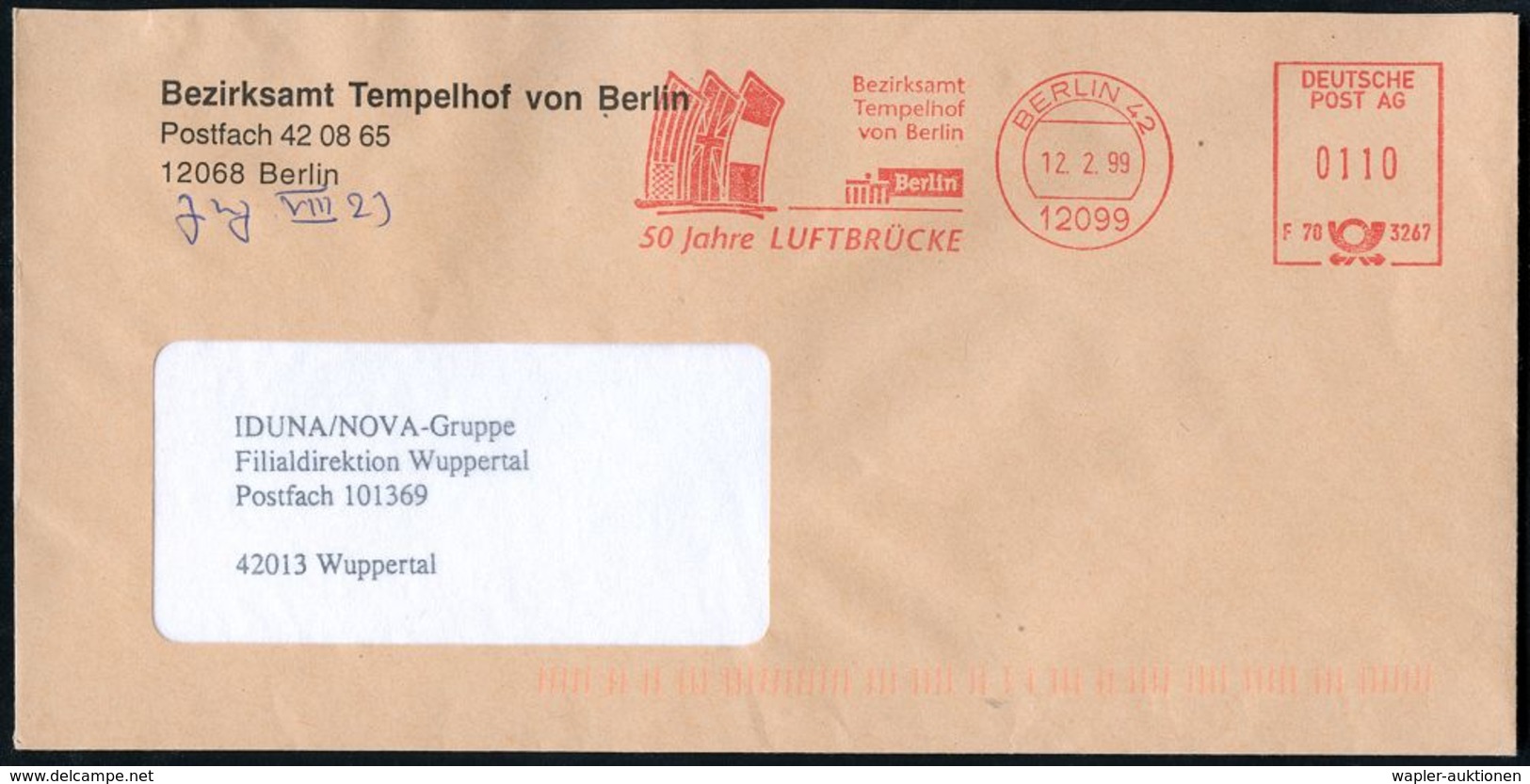 12099 BERLIN 42/ F70 3267/ Bezirksamt/ Tempelhof/ ..50 Jahre LUFTBRÜCKE 1999 (12.2.) AFS "DEUTSCHE POST AG" = Flaggen De - Otros & Sin Clasificación