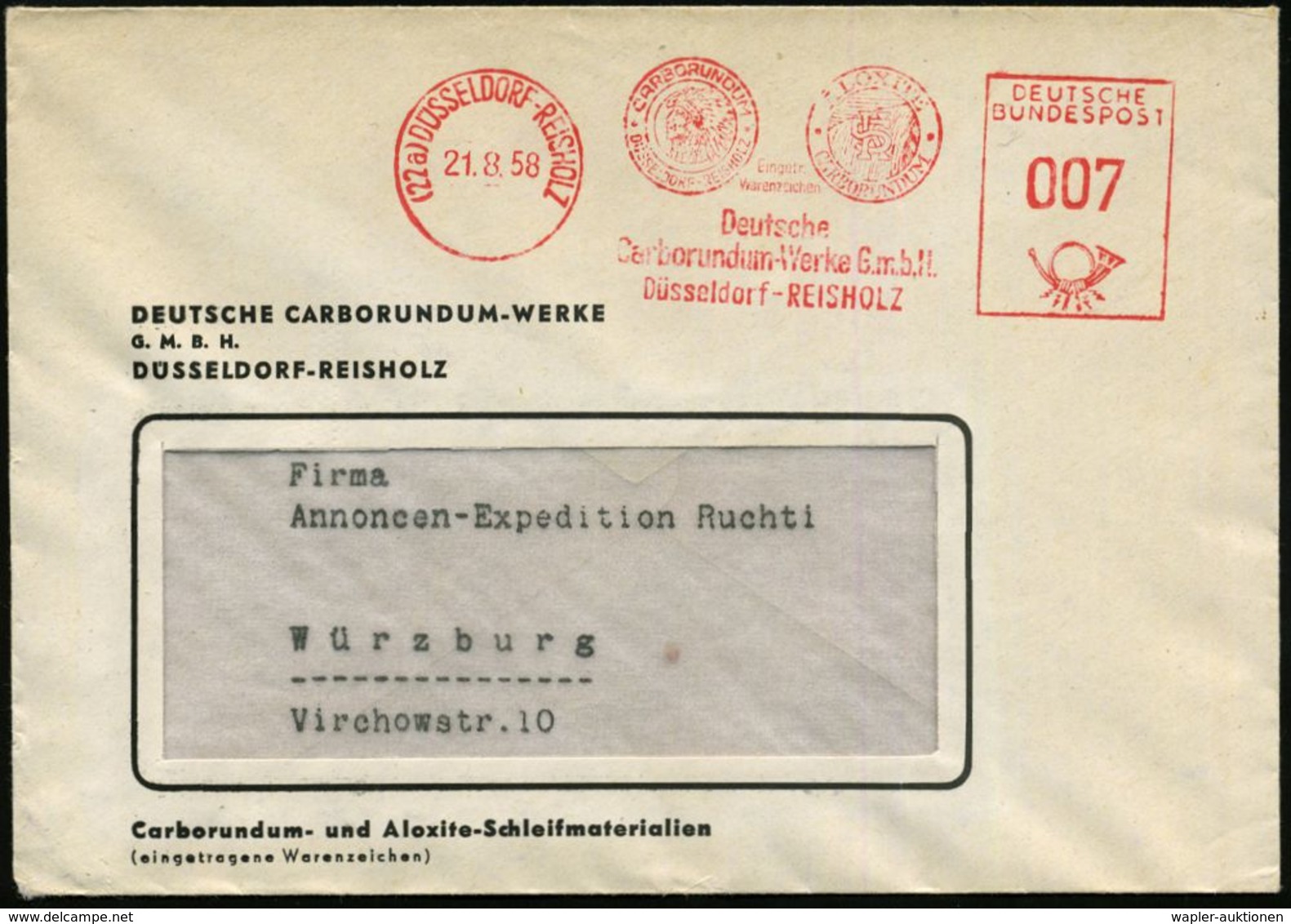 (22a) DÜSSELDORF-REISHOLZ 1/ ..Deutsche/ Carborundum-Werke.. 1958 (21.8.) AFS = Kopf Eines Indianer-Häuptlings (mit Fede - Altri & Non Classificati