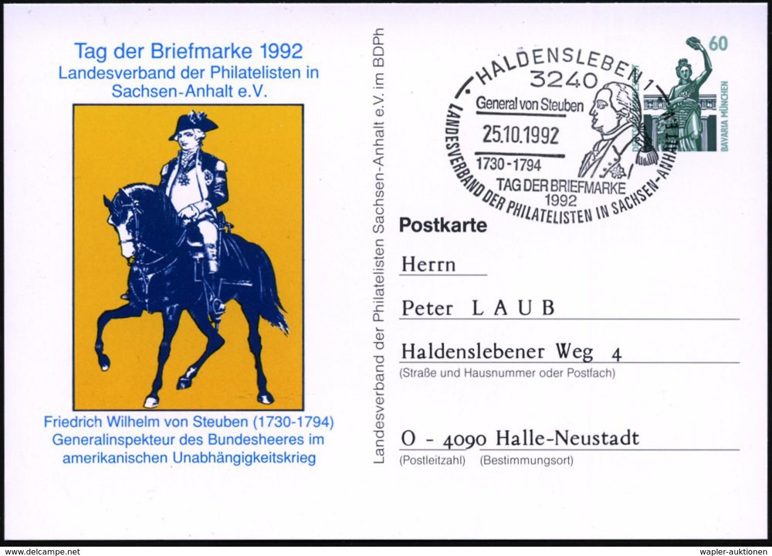 3240 HALDENSLEBEN 1/ General V.Steuben/ 1730-1794/ TAG DER BRIEFMARKE.. 1992 (25.10.) SSt = Brustbild General Von Steube - Sonstige & Ohne Zuordnung