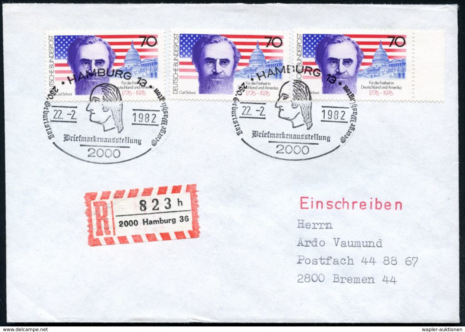 2000 HAMBURG 13/ 250.Geburtstag George Washington 1982 (22.2.) SSt = Kopfbild G. Washington 2x Auf 3x 70 Pf. Carl Schurz - Autres & Non Classés