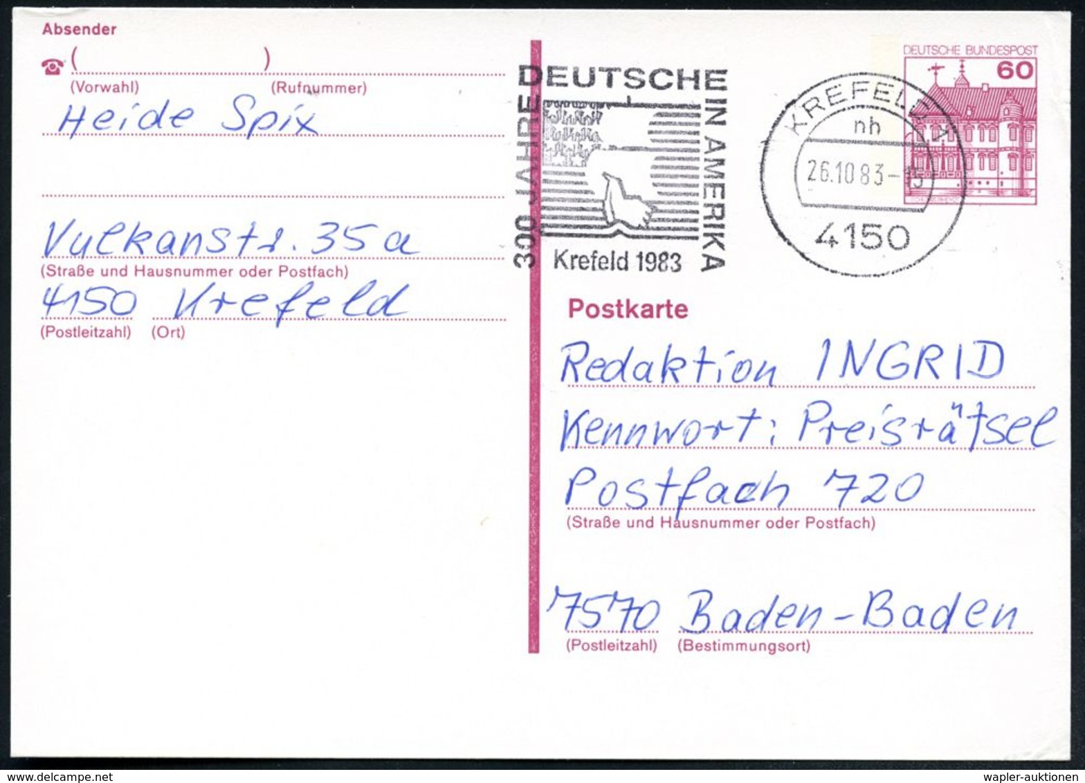 4150 KREFELD 1/ Ma #bzw.#nh/ 300 JAHRE/ DEUTSCHE/ IN AMERIKA 1983 2 Verschiedene MWSt = US-Flagge, Segelschiff Klar Auf  - Altri & Non Classificati