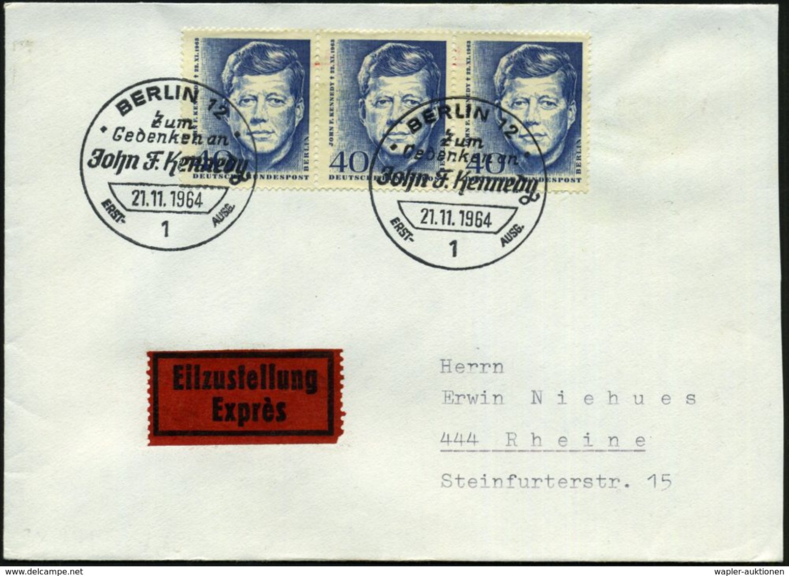 BERLIN 1964 (21.11.) 40 Pf. "1. Todestag John F. Kennedy", Reine MeF: 3er-Streifen + ET-SSt.: 1 BERLIN 12 , Klar Gest. I - Andere & Zonder Classificatie