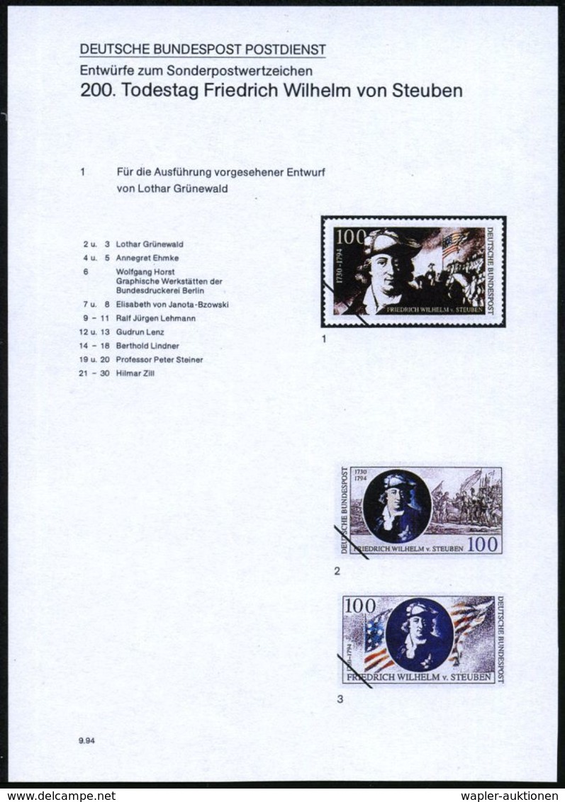 B.R.D. 1994 (Sept.) 100 Pf. "200. Todestag F.W.von Steuben", 30 Verschied. Color-Entwürfe Der Bundesdruckerei Auf 3 Entw - Autres & Non Classés