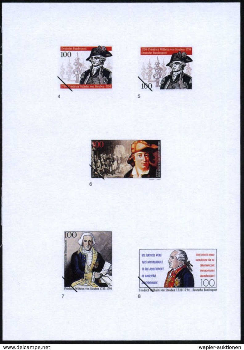 B.R.D. 1994 (Sept.) 100 Pf. "200. Todestag F.W.von Steuben", 30 Verschied. Color-Entwürfe Der Bundesdruckerei Auf 3 Entw - Autres & Non Classés