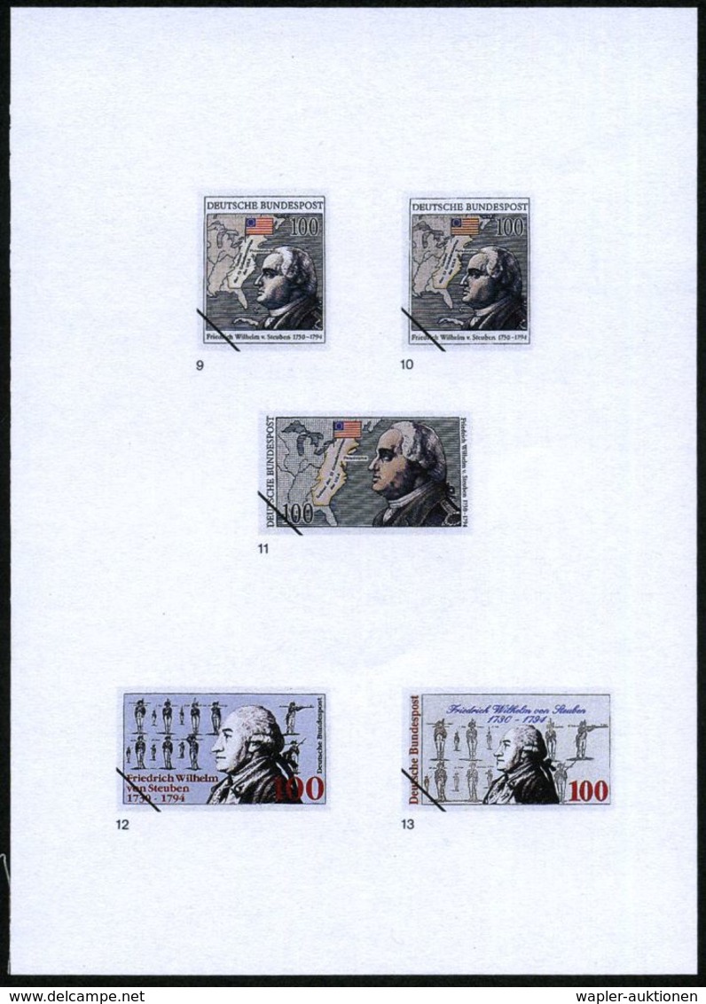 B.R.D. 1994 (Sept.) 100 Pf. "200. Todestag F.W.von Steuben", 30 Verschied. Color-Entwürfe Der Bundesdruckerei Auf 3 Entw - Autres & Non Classés