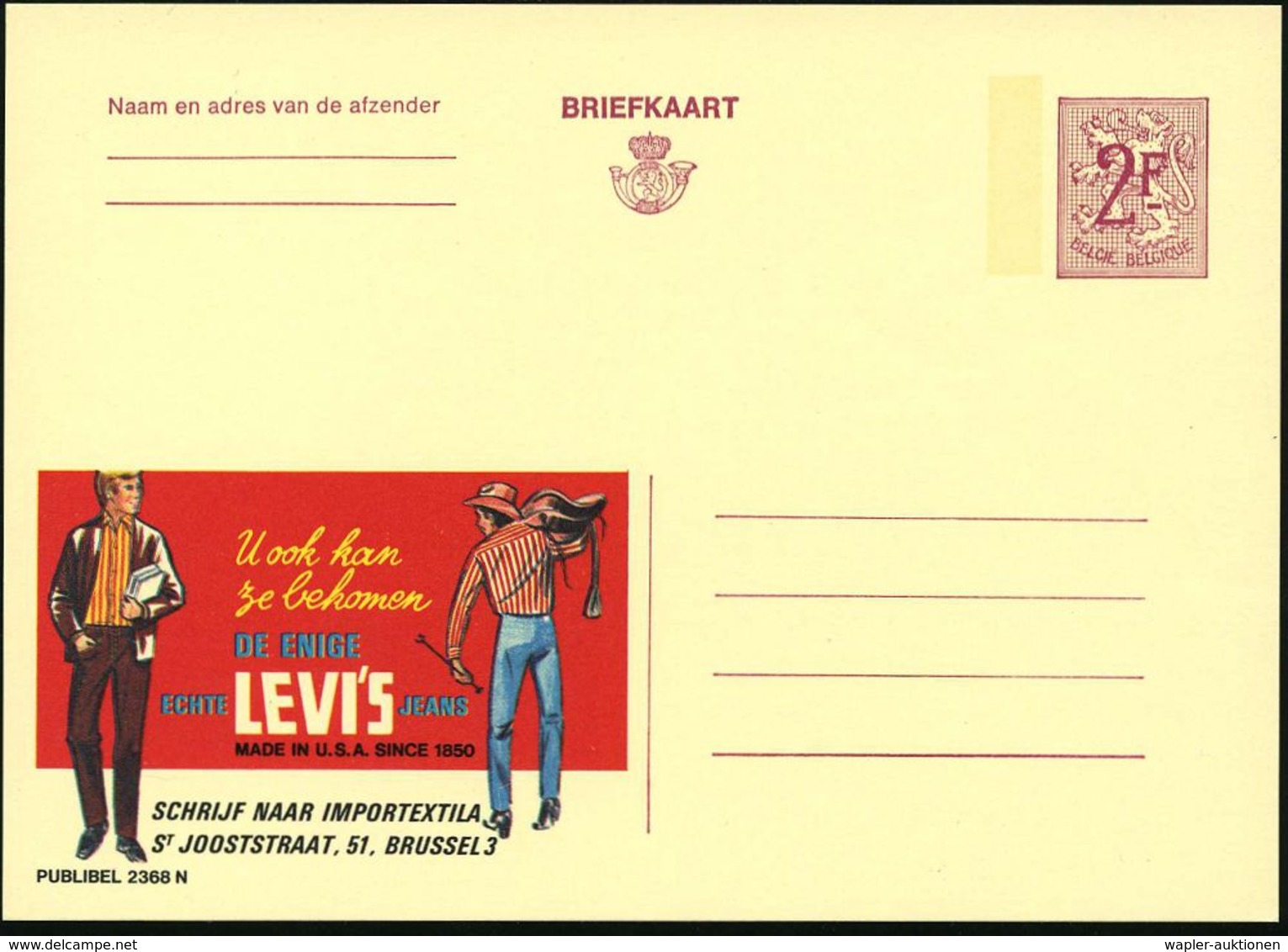 BELGIEN 1969 2 F. Reklame-Ganzsache Publibel, Weinrot:  LEVI'S.. = Cowboy Mit Sattel U. Brenneisen Etc., Ungebr. (P 329  - Sonstige & Ohne Zuordnung