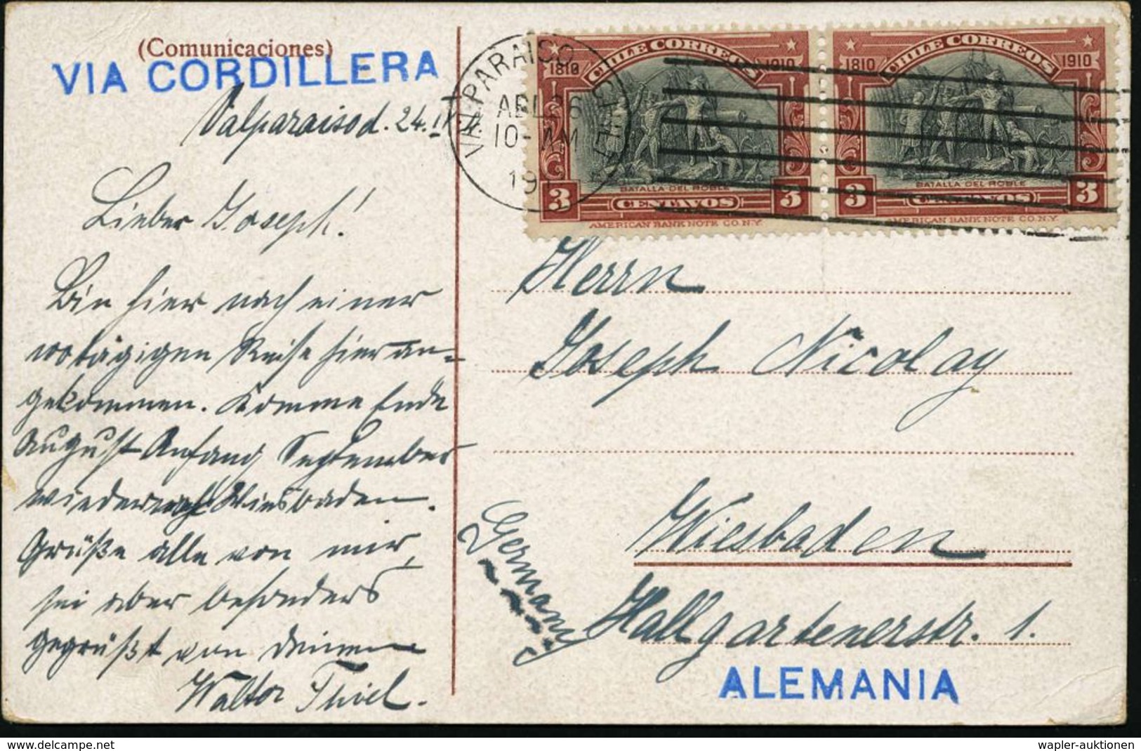 CHILE 1911 (26.4.) 3 C. "Schlacht Von Roble" = 100 Jahre Unabhängigkeit, Reine MeF: Paar (MaSt.: VALPARAISO) + Blauer Le - Autres & Non Classés