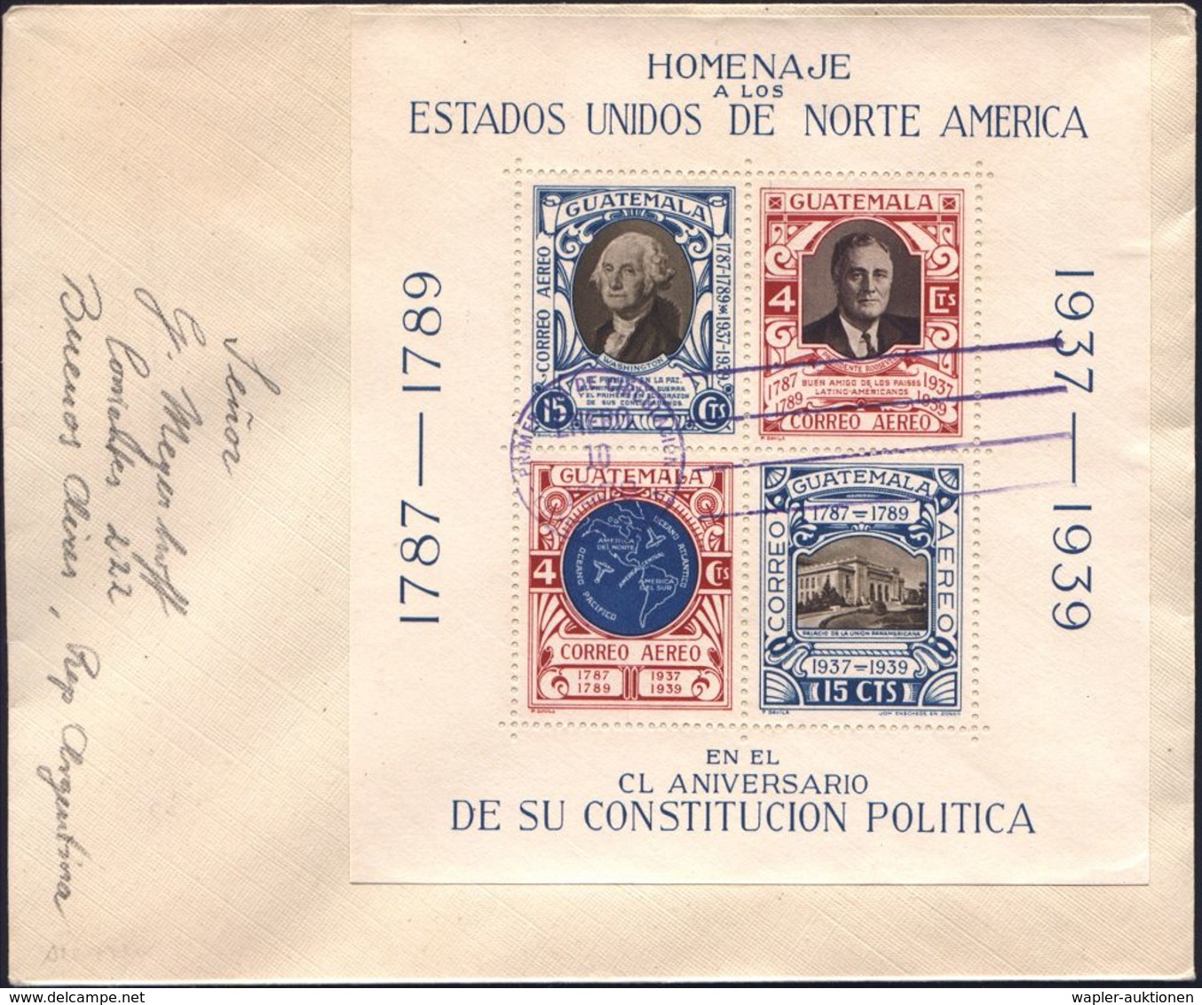 GUATEMALA 1938 (10.1.) "150 Jahre US-Verfassung" Gez. Block G. Washington / Roosevelt (wie EF U.a. Rs.) + Viol. ET-SSt., - Andere & Zonder Classificatie