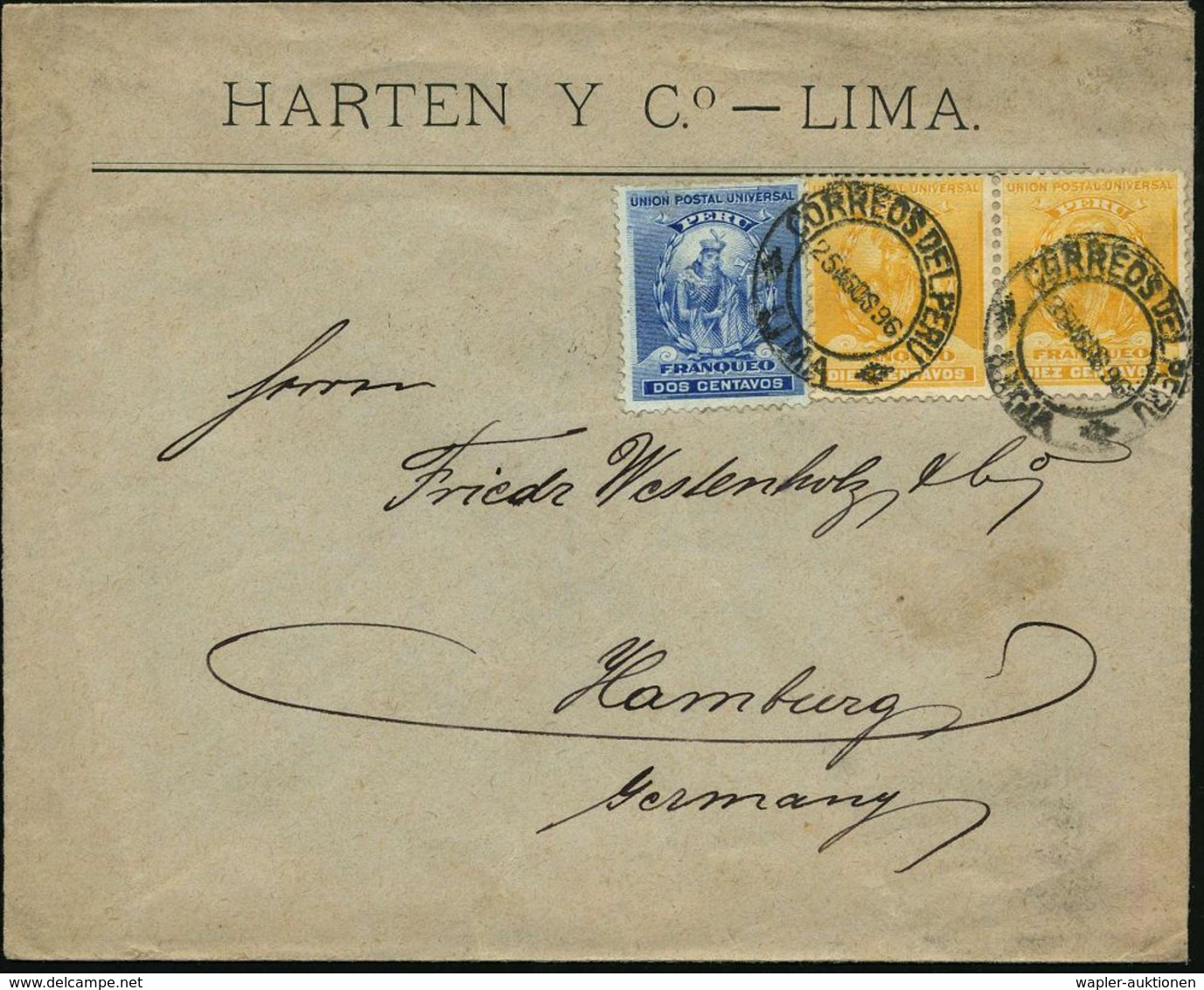 PERU 1896 (25.8.) 2 C. Inka-Häuptling "Atahualpa" U. Paar 10 C. Francisco Pizarro, Satzreine Frankatur ,sauber Gest. (LI - Altri & Non Classificati