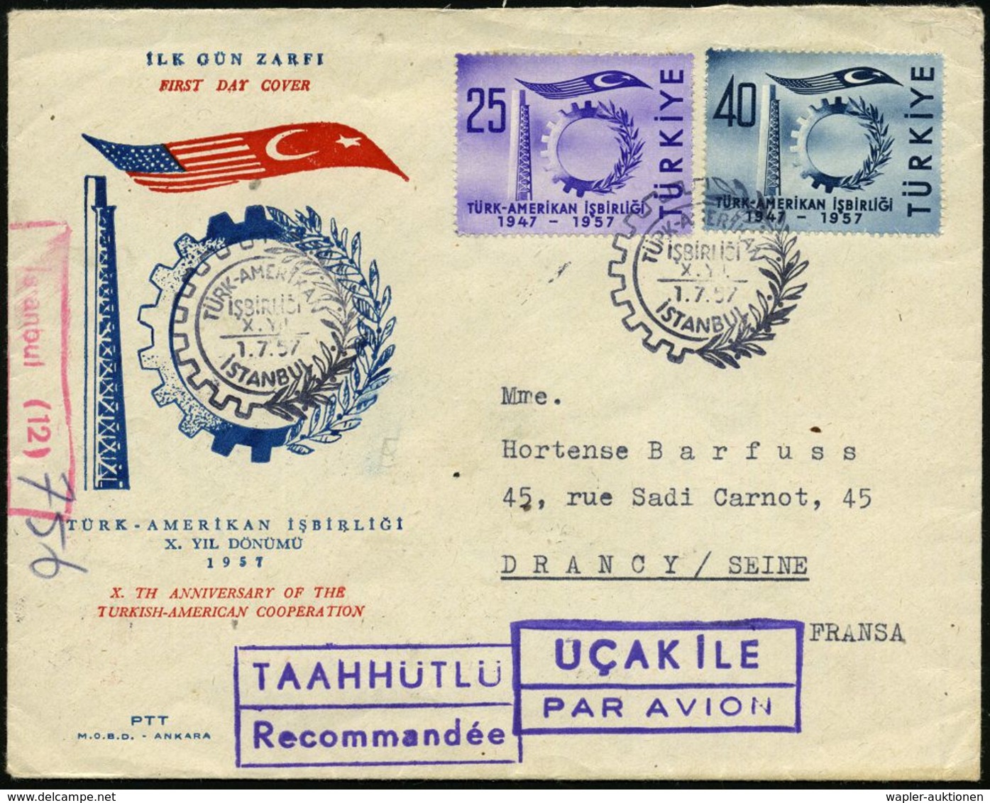 TÜRKEI 1957 (1.7.) "10 Jahre Türkisch-Amerikan. Cooperation", Kompl. Satz (Flaggen Etc.) Ua. Rs., SSt.: ISTANBUL + Viol. - Autres & Non Classés