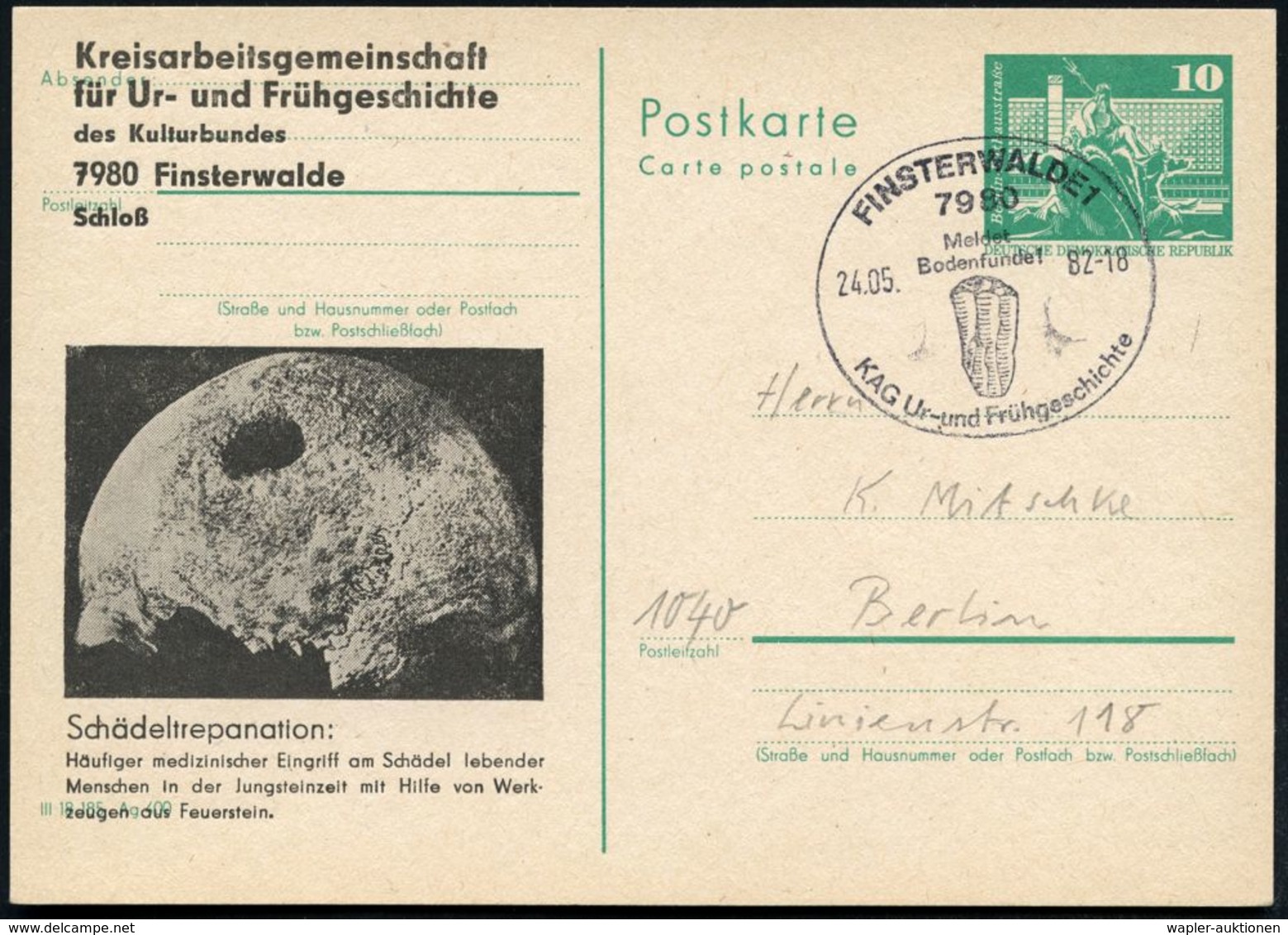 7980 FINSTERWALDE 1/ Meldet/ Bodenfunde!.. 1982 (24.5.) SSt = Faustkeil Auf Amtl. P 10 Pf. Neptunbrunnen, Grün + Amtl. Z - Prehistory