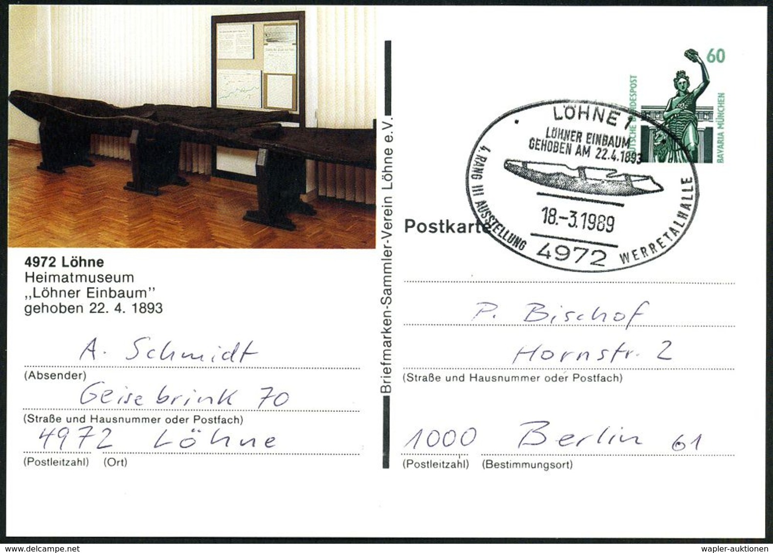 4972 LÖHNE 1/ LÖHNER EINBAUM.. 1989 (18.3.) SSt = Prähistor. Einbaum (Schiff) Auf Motivgl. PP 60 Pf. Bavaria: "Löhner Ei - Preistoria