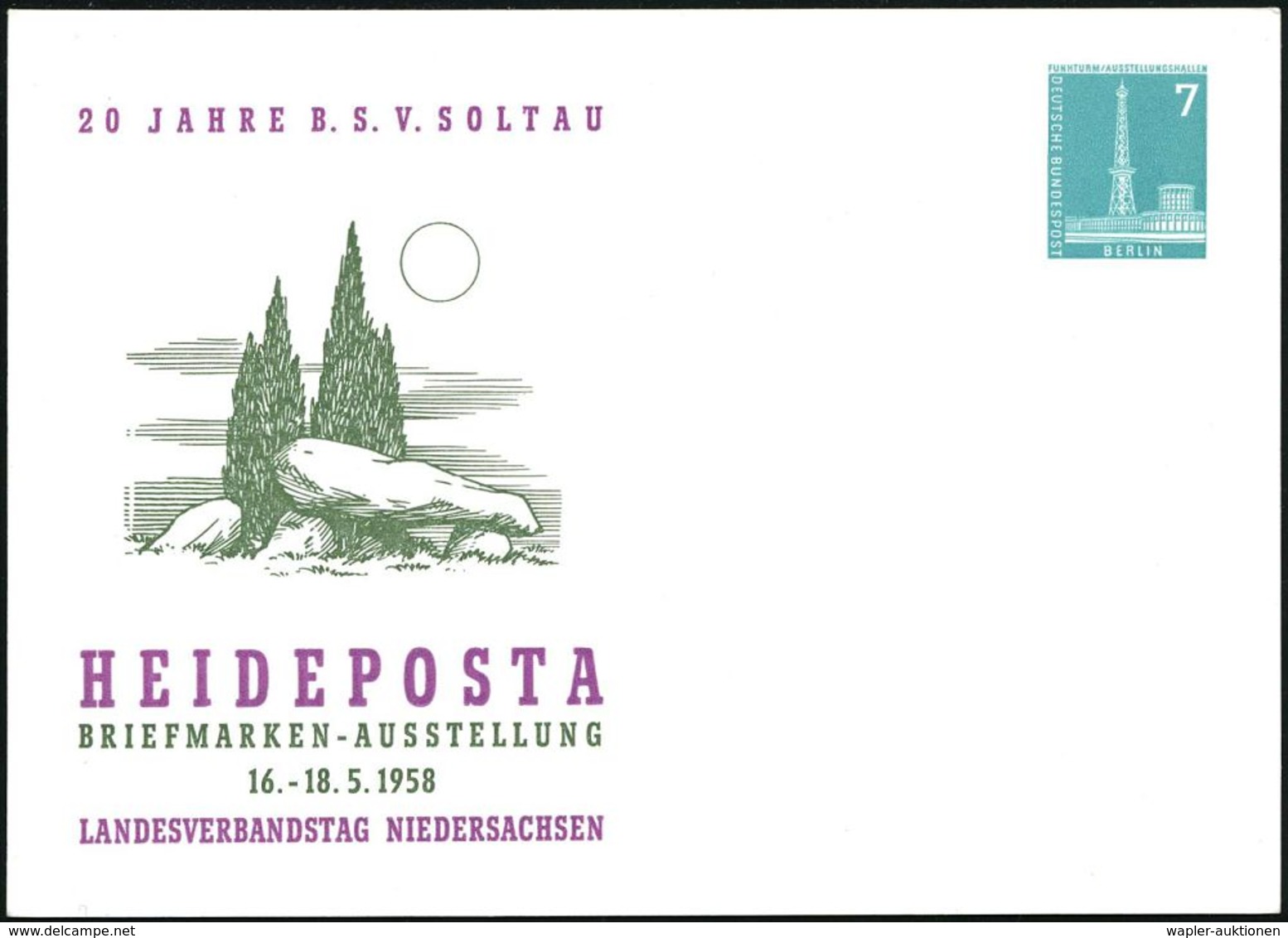 Soltau 1958 (Mai) PP 7 Pf. Funkturm: HEIDEPOSTA.. = Dolmengrab = Prähist. Steingrab (Lüneburger Heide) Ungebr. (Berlin M - Prehistorie